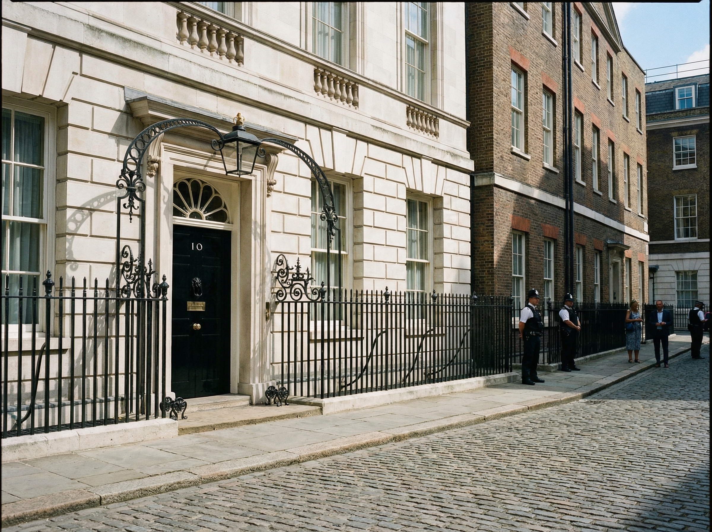 High-quality professional photography of 10 Downing Street in London, classic architecture, bright daylight, realistic texture, cinematic composition, 4:3 aspect ratio, no text.