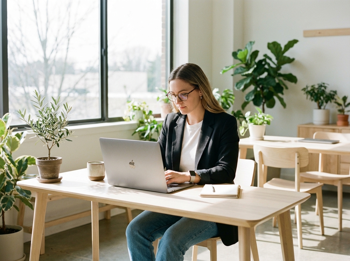 A professional person working on a modern laptop with Windows 11 desktop visible, bright and airy office setting, minimalist desk with a coffee cup and a plant, natural morning sunlight coming through a window, photorealistic style, 4:3 aspect ratio.