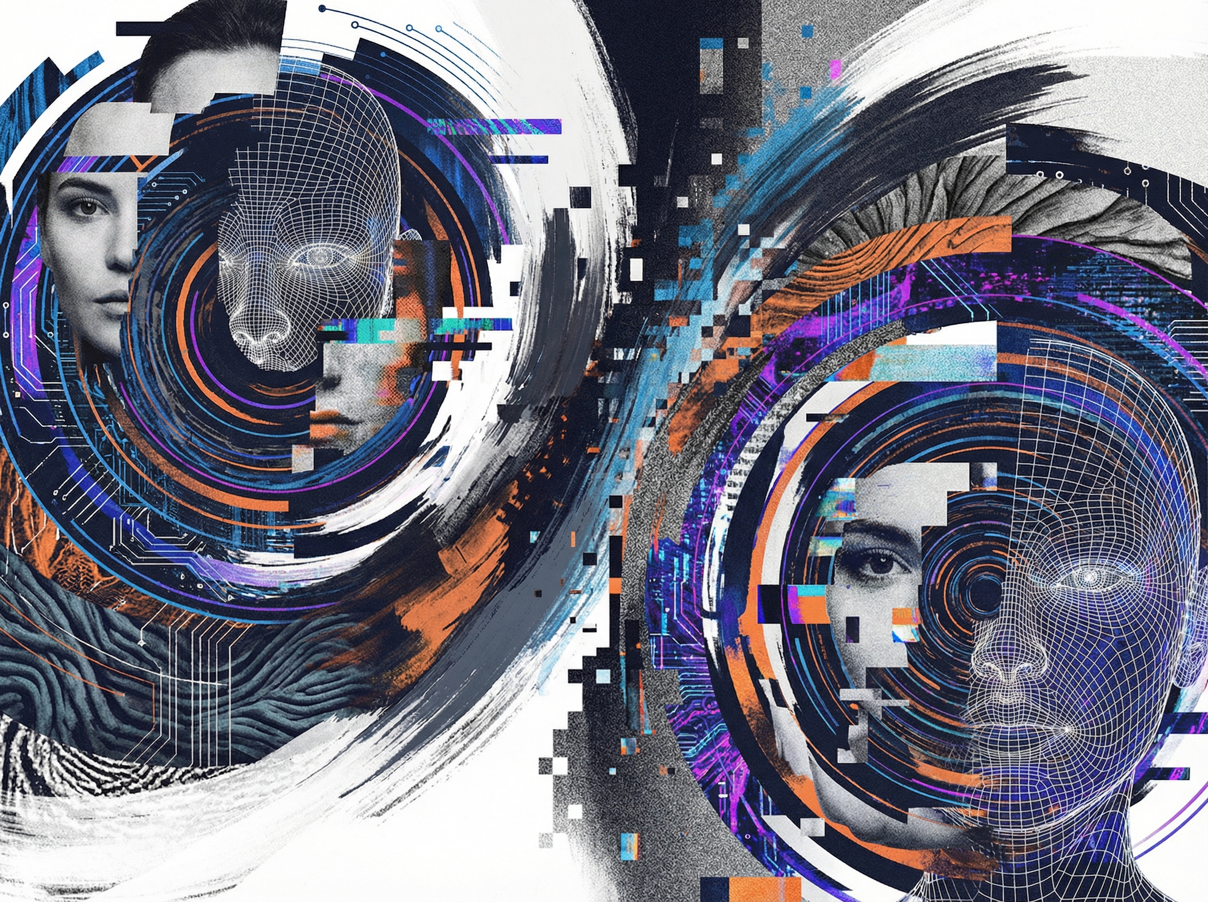 A complex, abstract illustration depicting the blurred lines between reality and AI-generated images, with fragmented human faces and digital patterns. Informational style, clean infographic, modern layout, high contrast. 4:3 aspect ratio, no visible text.
