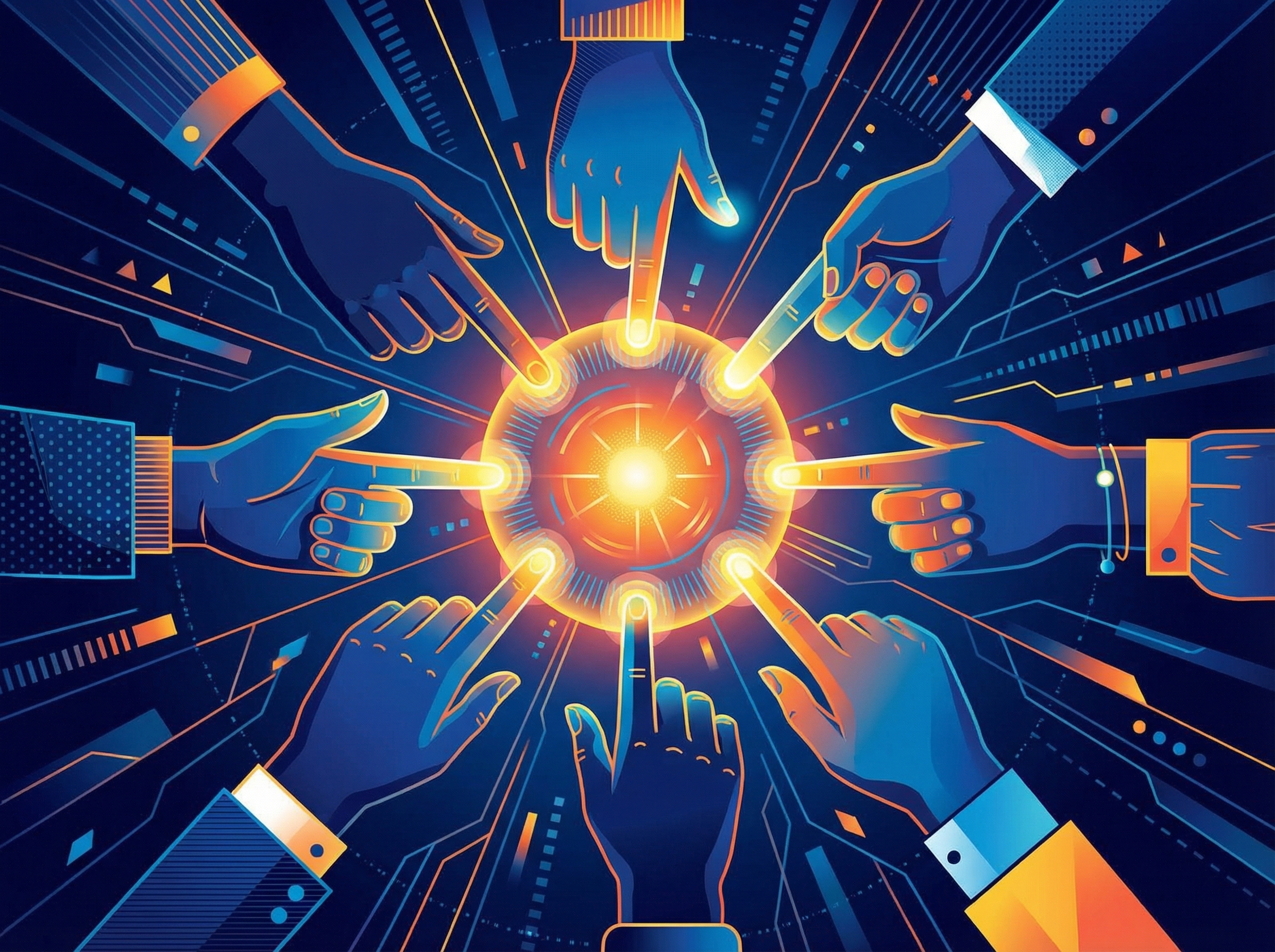 A stylized illustration of multiple hands pointing towards a central glowing orb, representing the importance of creator identity in a world of abundant content. Informational style, modern layout, high contrast, abstract background. 4:3 aspect ratio, no visible text.