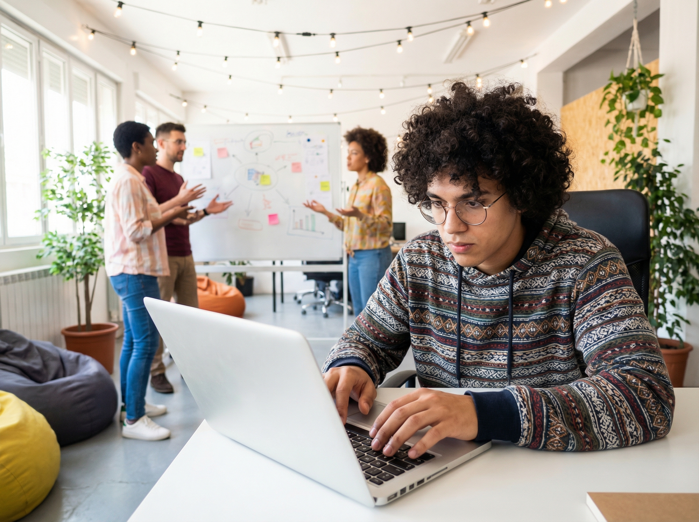 A young, diverse person intensely coding on a laptop in a modern, vibrant startup office. There are whiteboards with ideas and other team members collaborating in the background. The atmosphere is energetic and focused. Aspect ratio 4:3, no visible text.