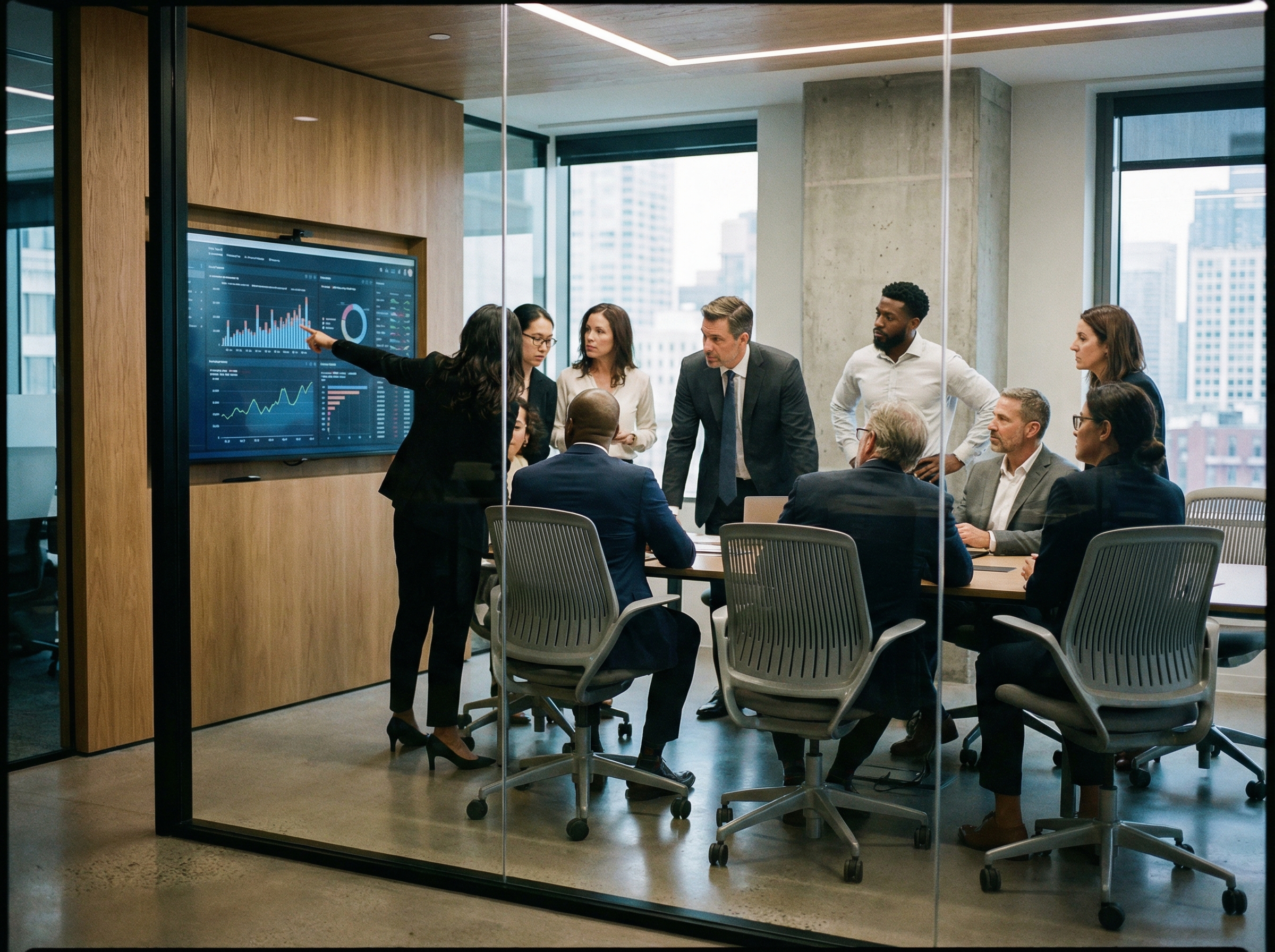 Diverse group of venture capitalists, a mix of men and women, reviewing investment portfolios on a large screen in a modern meeting room. They are engaged in a serious discussion, with one person pointing to the data. Aspect ratio 4:3, no visible text.