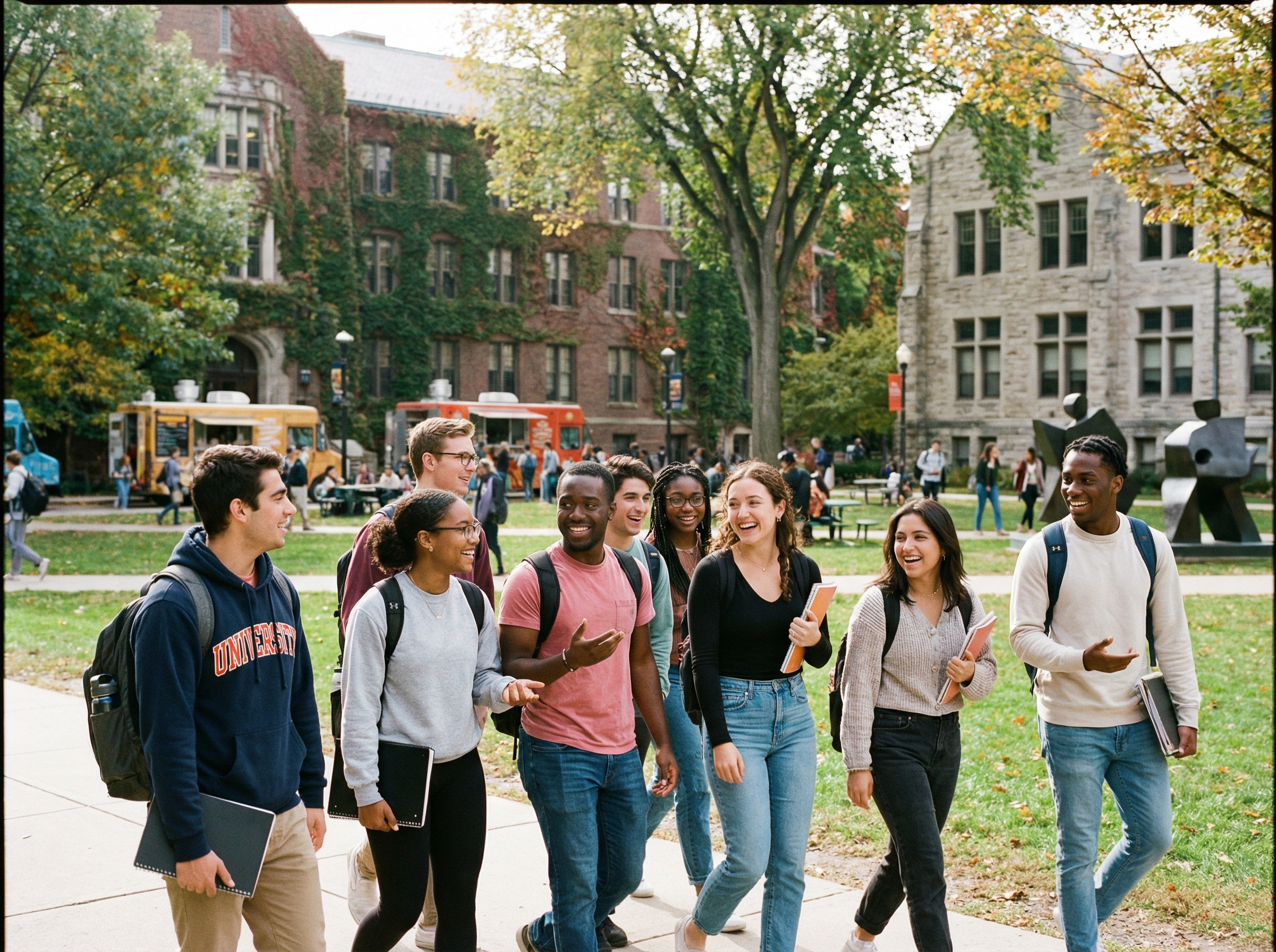 A group of diverse students walking and chatting on a vibrant university campus, surrounded by classic university buildings and green spaces. The atmosphere is collaborative and social. Aspect ratio 4:3, no visible text.