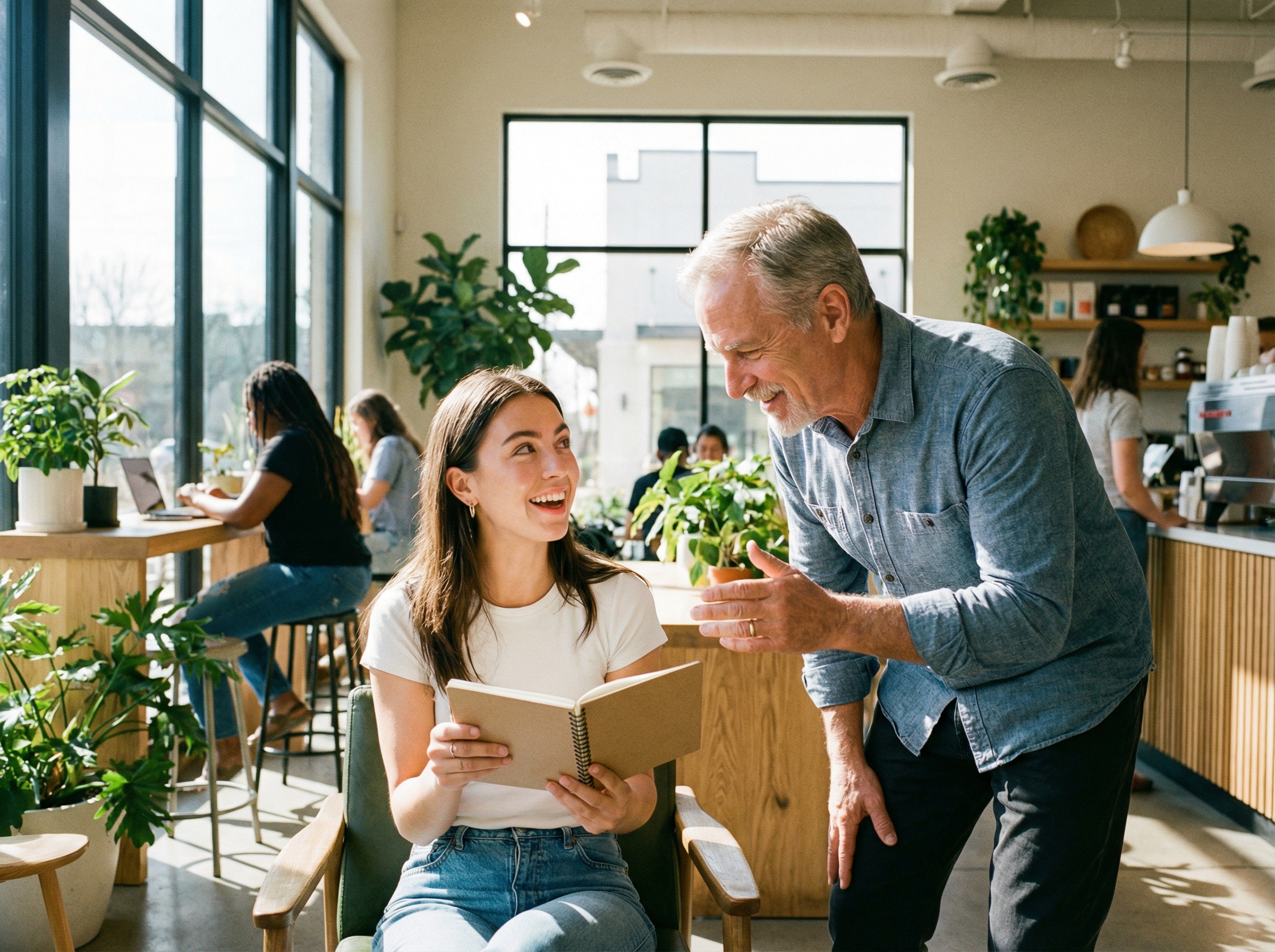 A young, eager startup founder having a deep, insightful conversation with an older, experienced mentor in a bright, modern cafe. The mentor is offering advice, and the founder looks like they are having an 'aha!' moment. Aspect ratio 4:3, no visible text.