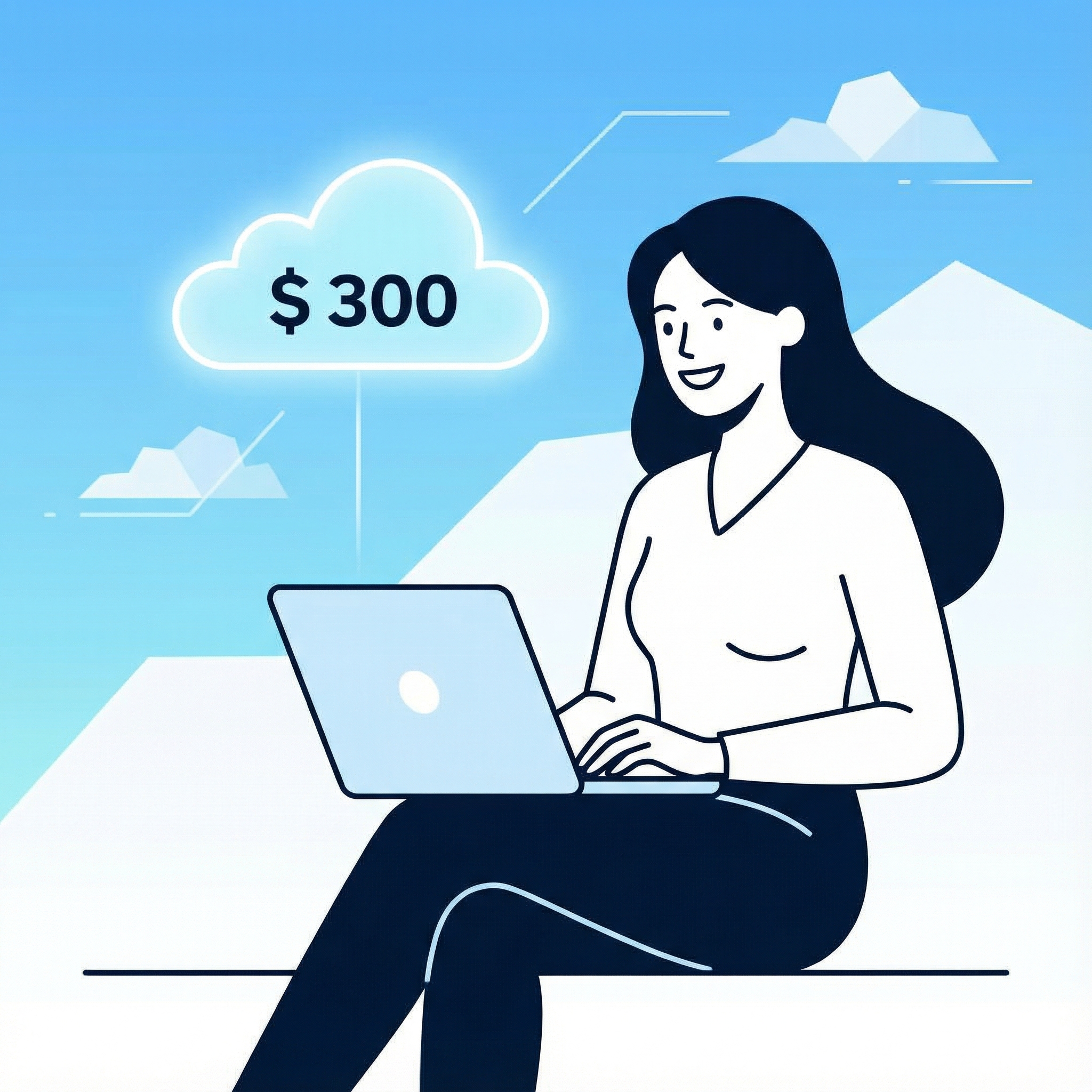 A clean infographic showing a person happily using a laptop with a $300 cloud credit symbol floating above. The background is a gradient of light blue and white, with abstract cloud shapes. Informational style, high contrast, no visible text, 1:1 aspect ratio.