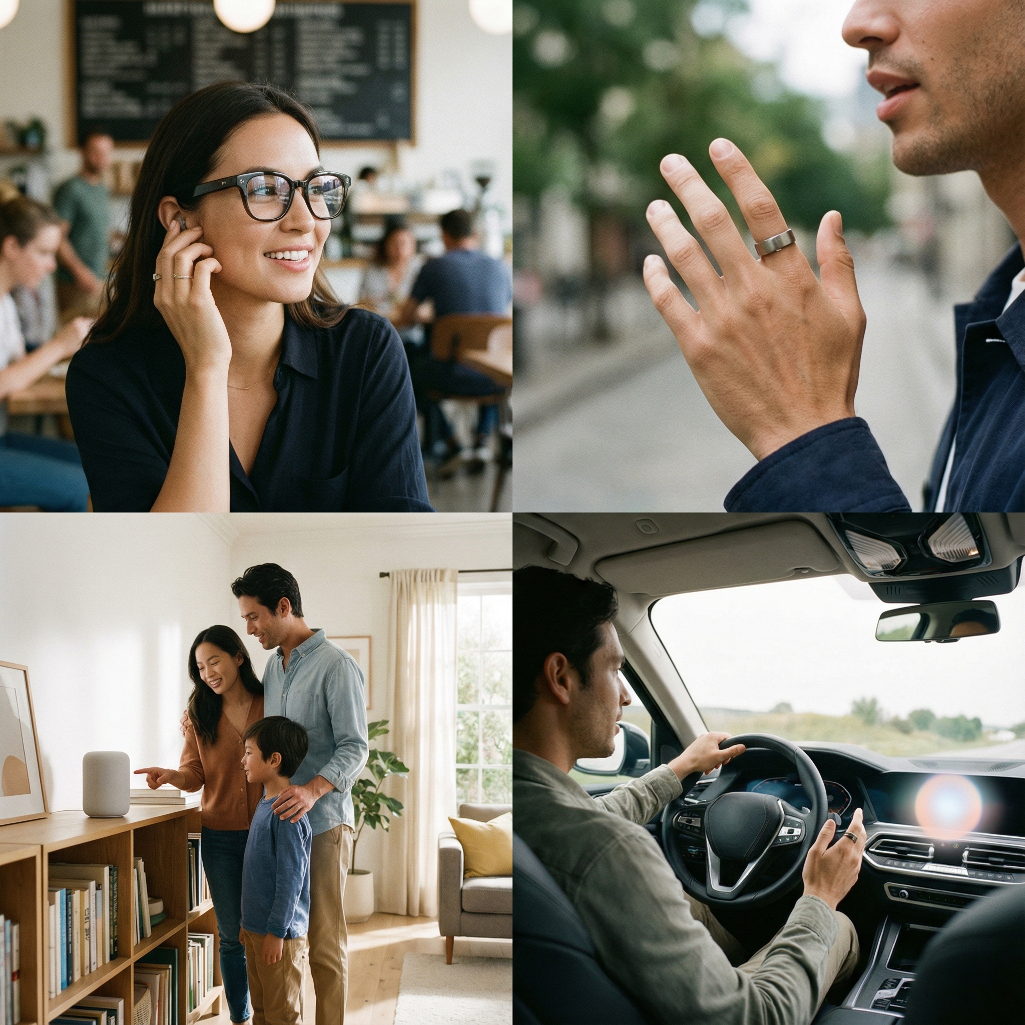 A collage image showing various audio interfaces: a person wearing smart glasses listening to a conversation, a hand talking to a smart ring, a user interacting with a smart speaker in a living room, and a car interior with a conversational AI assistant on the dashboard. Emphasize seamless integration into daily life. No visible text. Aspect ratio 1:1.