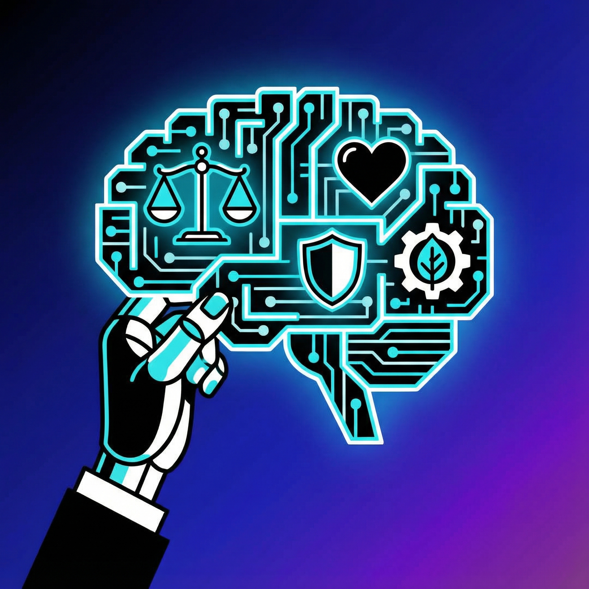 Minimalist illustration depicting a hand building a digital brain, with symbols of ethics and responsibility intertwined, clean infographic style, modern layout, high contrast, gradient background, no visible text, 1:1 aspect ratio.