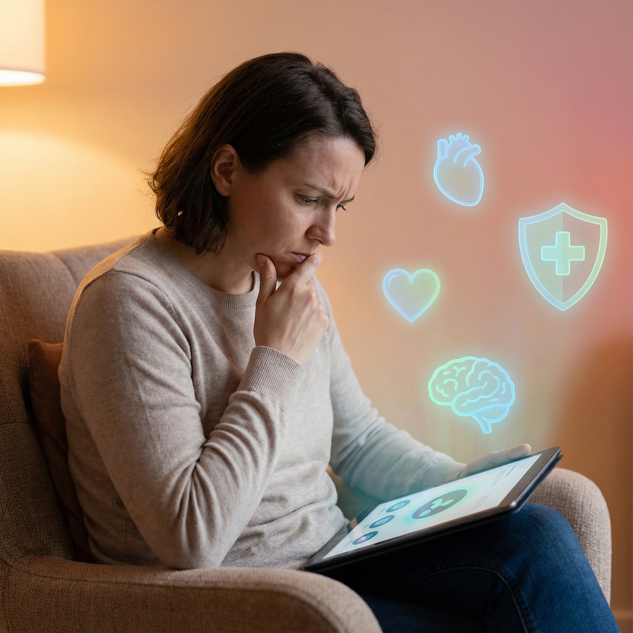 A person carefully examining a health information article on a tablet, surrounded by abstract, floating digital health icons (like a heart, a shield, a brain). The background is a soft, warm gradient. Emphasize thoughtful consideration and caution. No visible text. 1:1 aspect ratio.