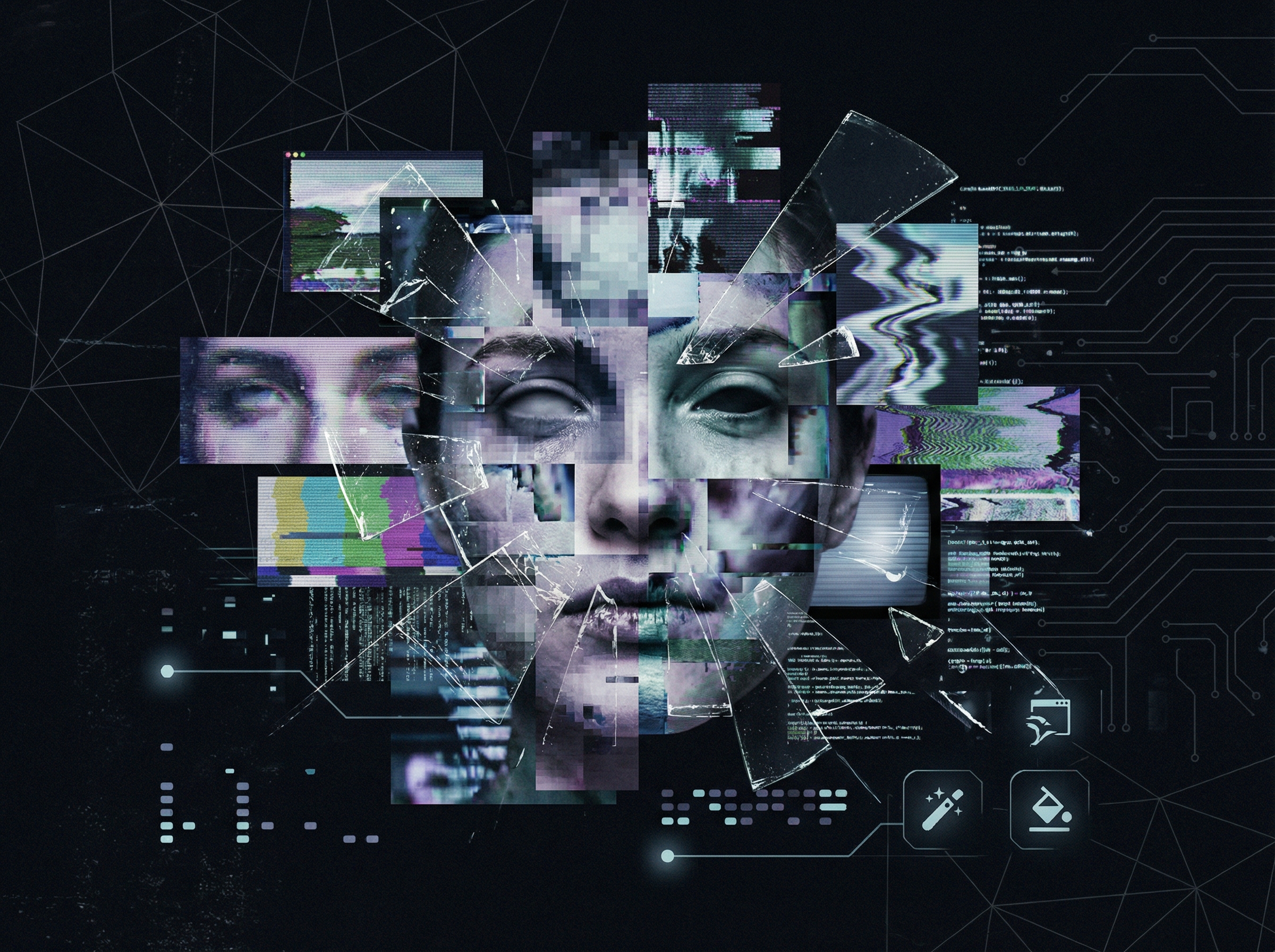 A conceptual image representing the dangers of AI image manipulation. Distorted or fractured digital images merging into a single, unified but unsettling face. Informational style, modern layout, high contrast. Aspect ratio 4:3, no visible text.