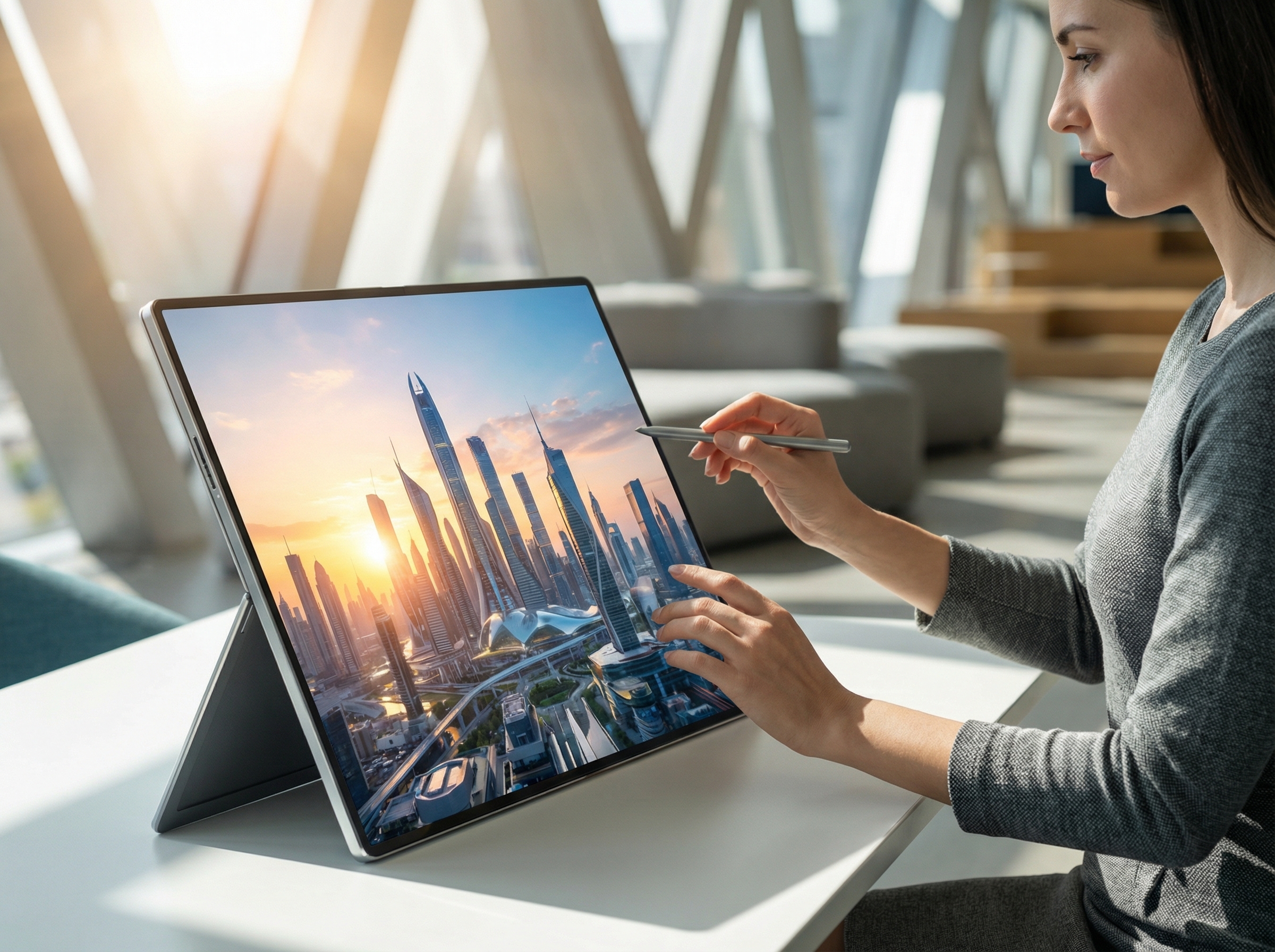 A futuristic portable display device in monitor mode, showing a bright, clear image. The device is sleek and modern, with a person interacting with it in a well-lit indoor setting. Aspect ratio 4:3, no visible text.