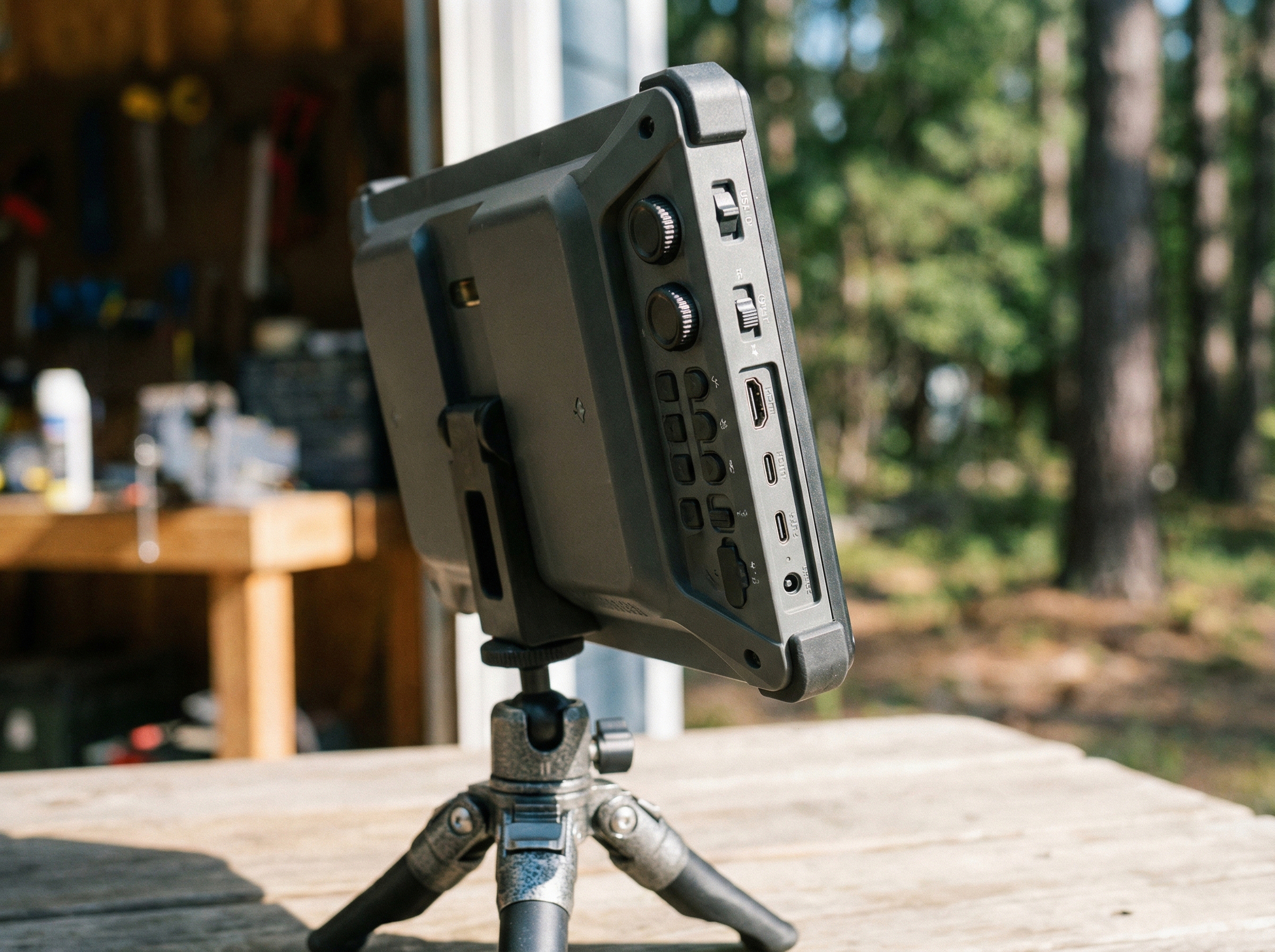 A profile view of the Splay portable monitor in monitor mode, highlighting its bulky backside and the controls. The device is set up on a small tripod. Aspect ratio 4:3, no visible text.