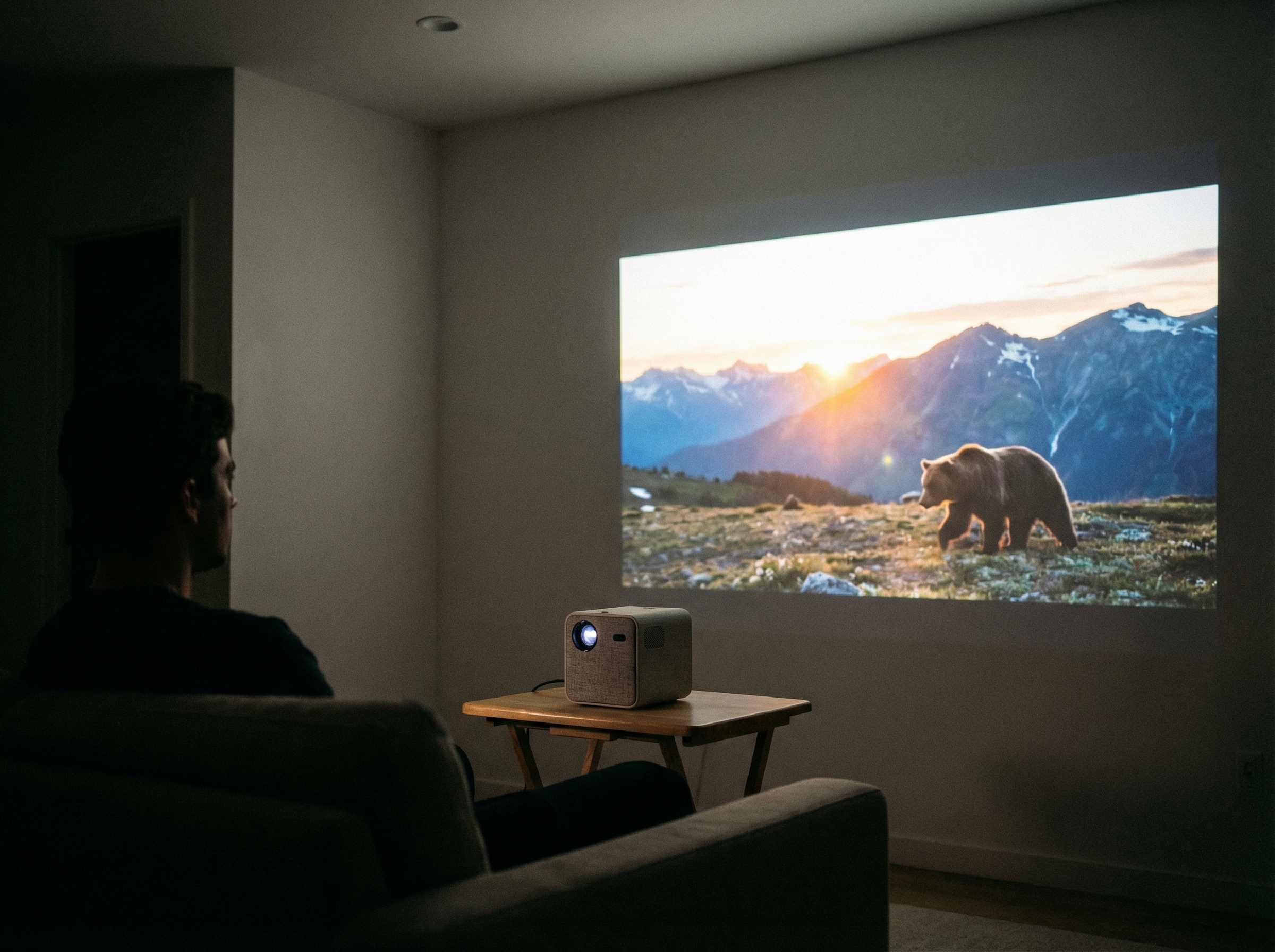 The Splay device in projector mode, projecting a large, bright image onto a plain wall in a dimly lit room. The device itself is compact and a person is watching the projected content. Aspect ratio 4:3, no visible text.