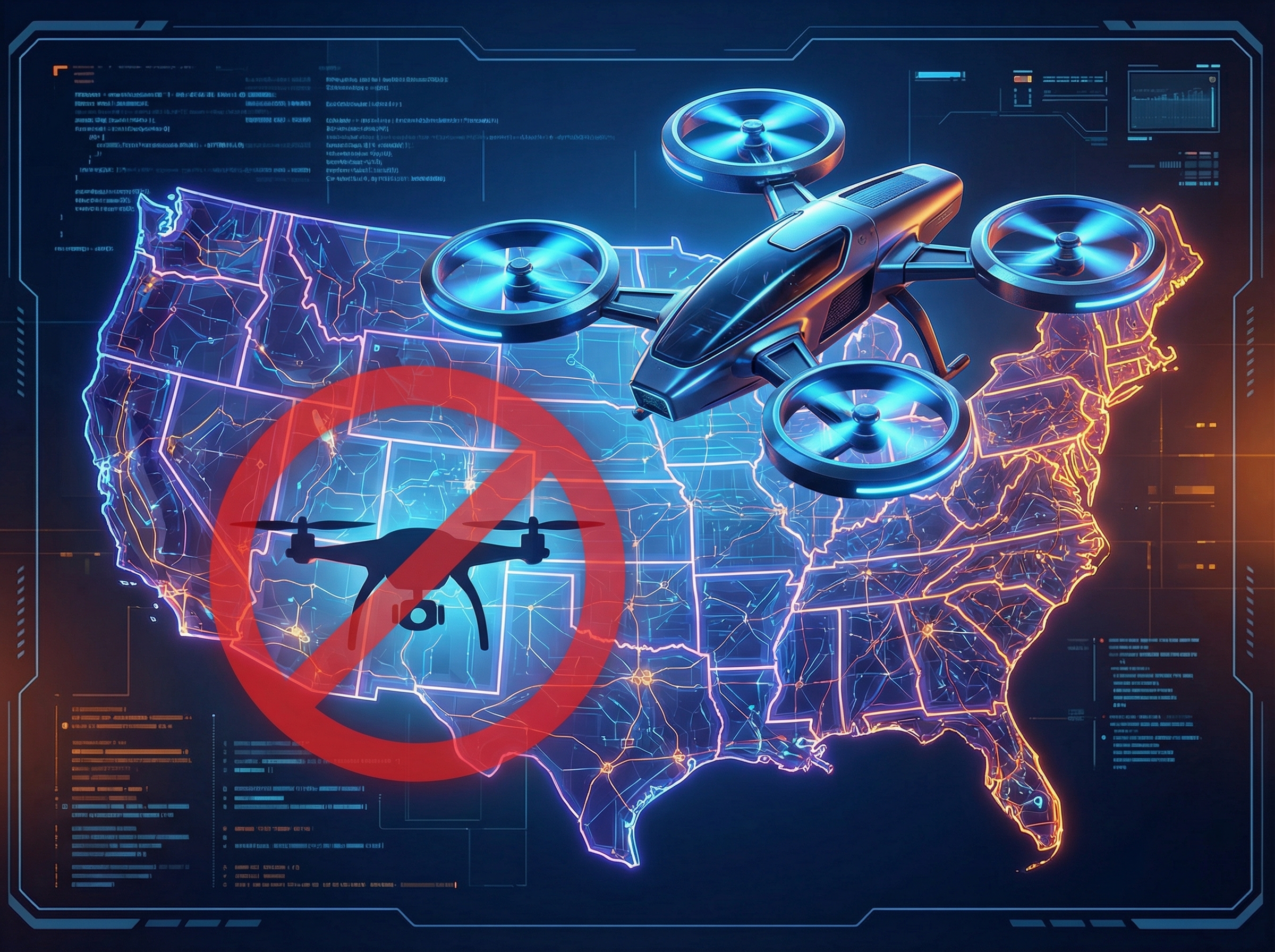 An advanced drone flying over a stylized map of the United States, with a clear "Forbidden" or "Banned" symbol (a red circle with a slash) imposed over foreign drones. The background should be a modern, high-contrast, informational layout. Aspect ratio 4:3. No visible text.