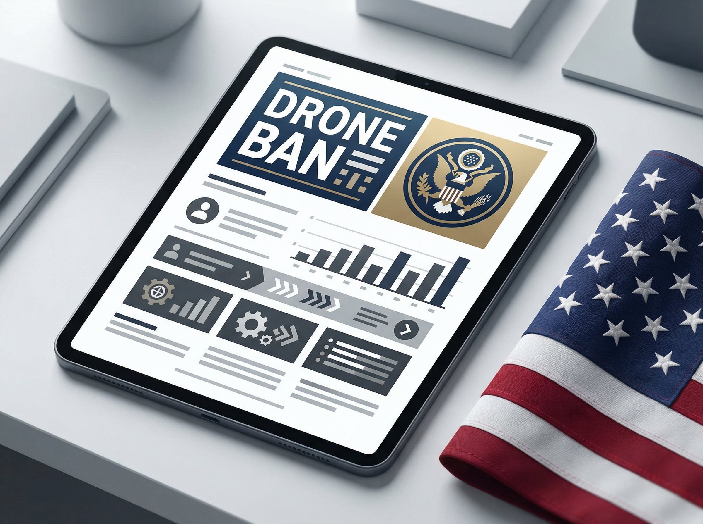 A close-up of a government document or a legislative bill with "Drone Ban" or "UAS Regulations" visible, next to a US flag or official seal. Clean infographic style, modern layout, high contrast. Aspect ratio 4:3. No visible text.