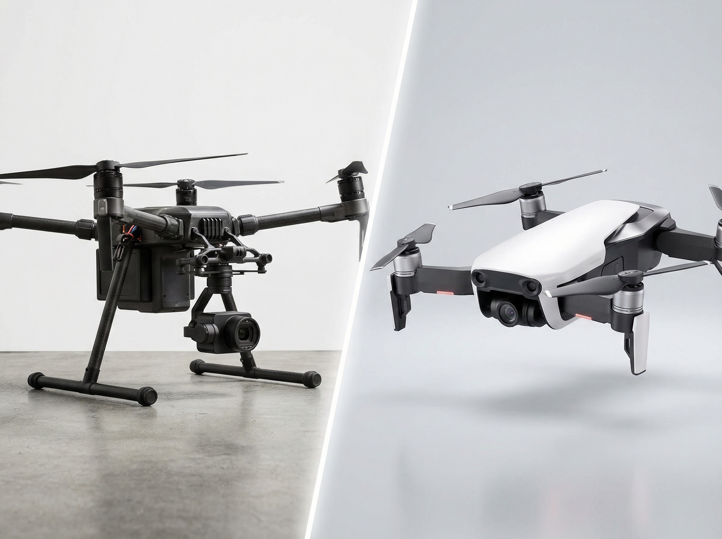 A visual comparison of two types of drones: one representing an American-made drone (perhaps more rugged, functional design) and another representing a sleek, modern foreign-made drone (like DJI). They should be presented side-by-side on a clean, modern background with a clear distinction. Informational style, high contrast. Aspect ratio 4:3. No visible text.