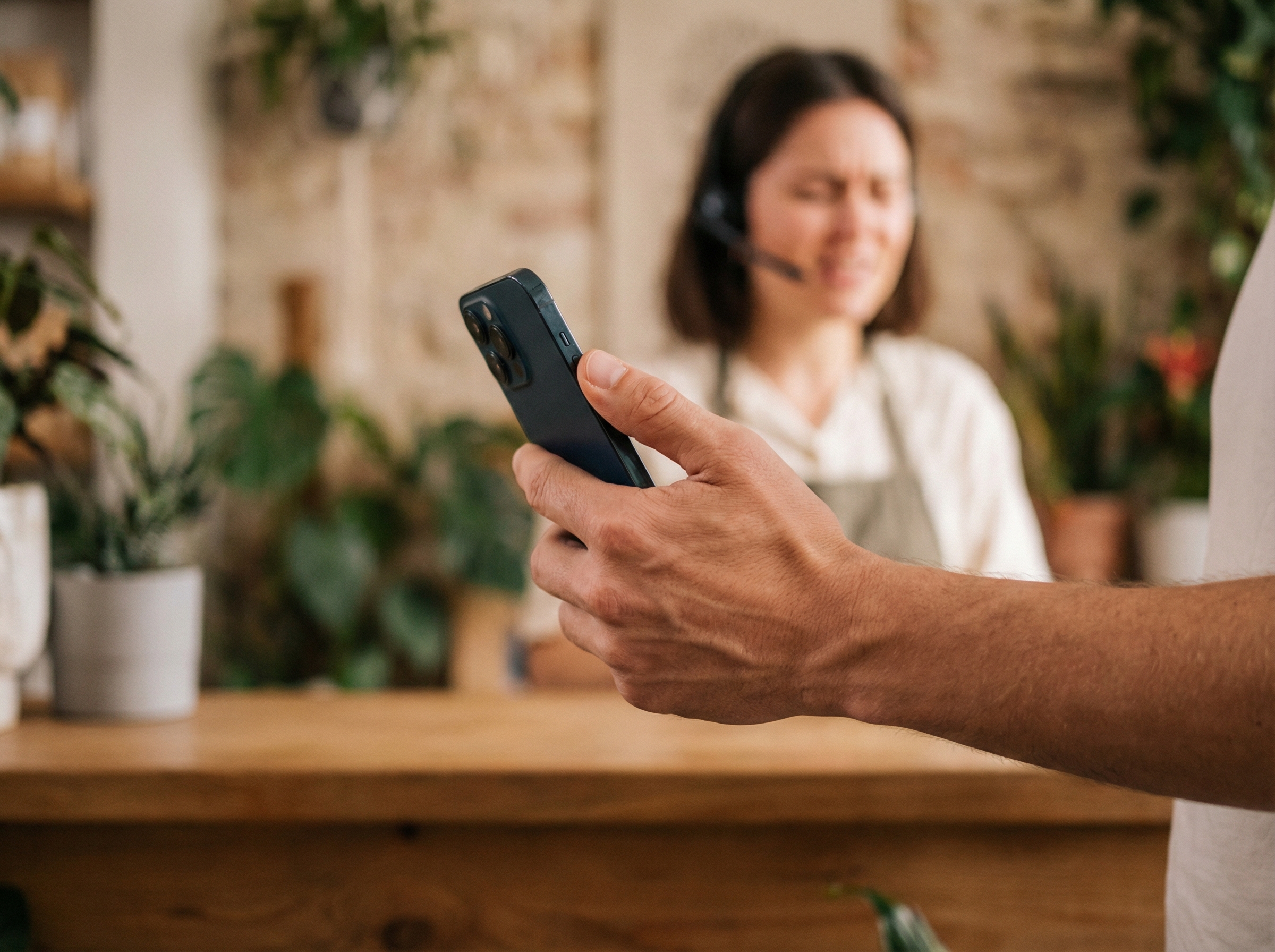 A close-up of a hand holding a smartphone, with a blurred image of a customer service representative in the background. The person looks frustrated. Lifestyle photography, warm lighting, natural setting, textured background, centered focus, no visible text, 4:3 aspect ratio.