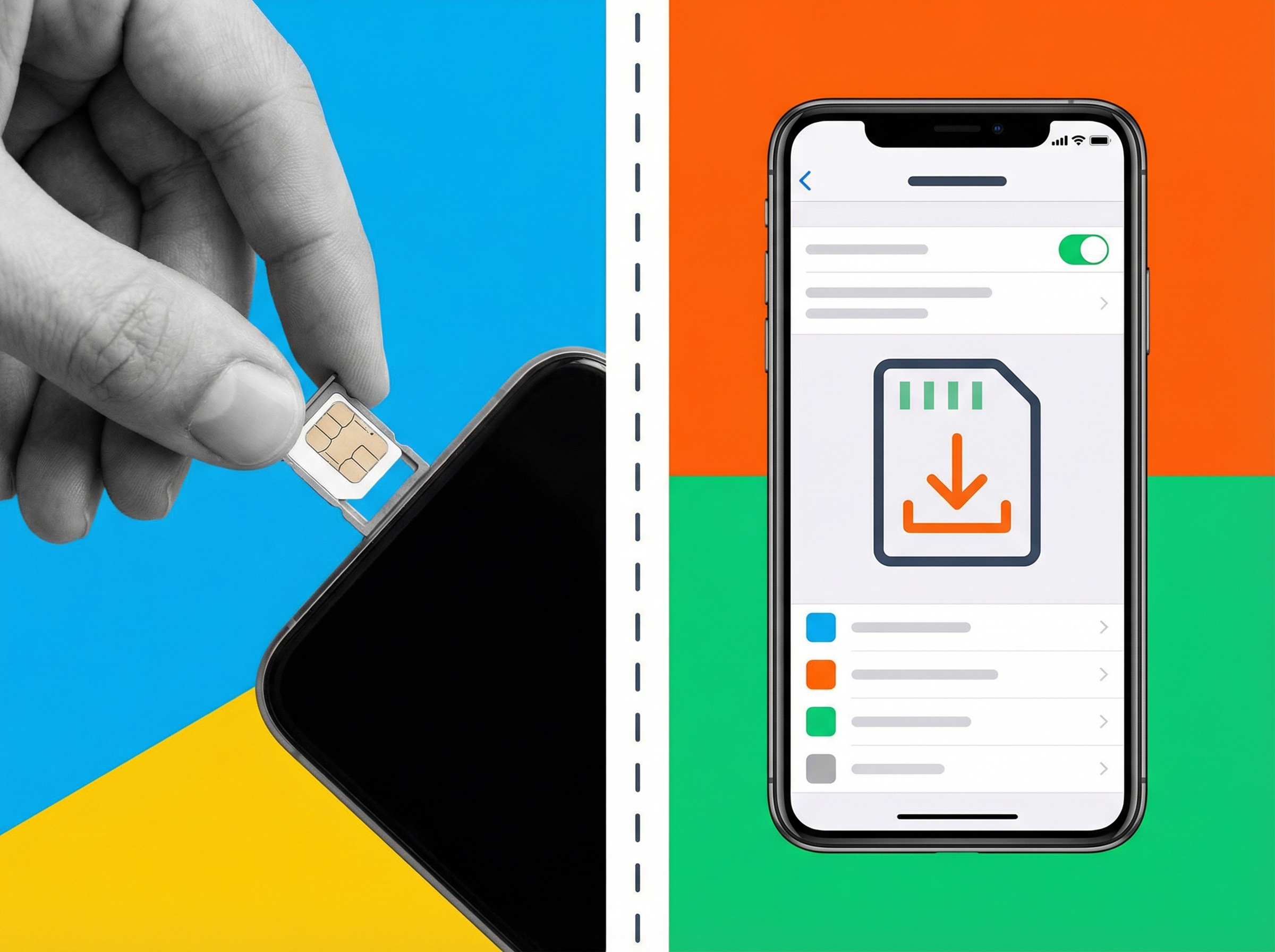 A clear, simple infographic comparing a physical SIM card and an eSIM. One side shows a small plastic SIM card being easily inserted, the other side shows a phone screen with software settings. Informational style, modern layout, high contrast, colored background, full frame, no visible text, 4:3 aspect ratio.