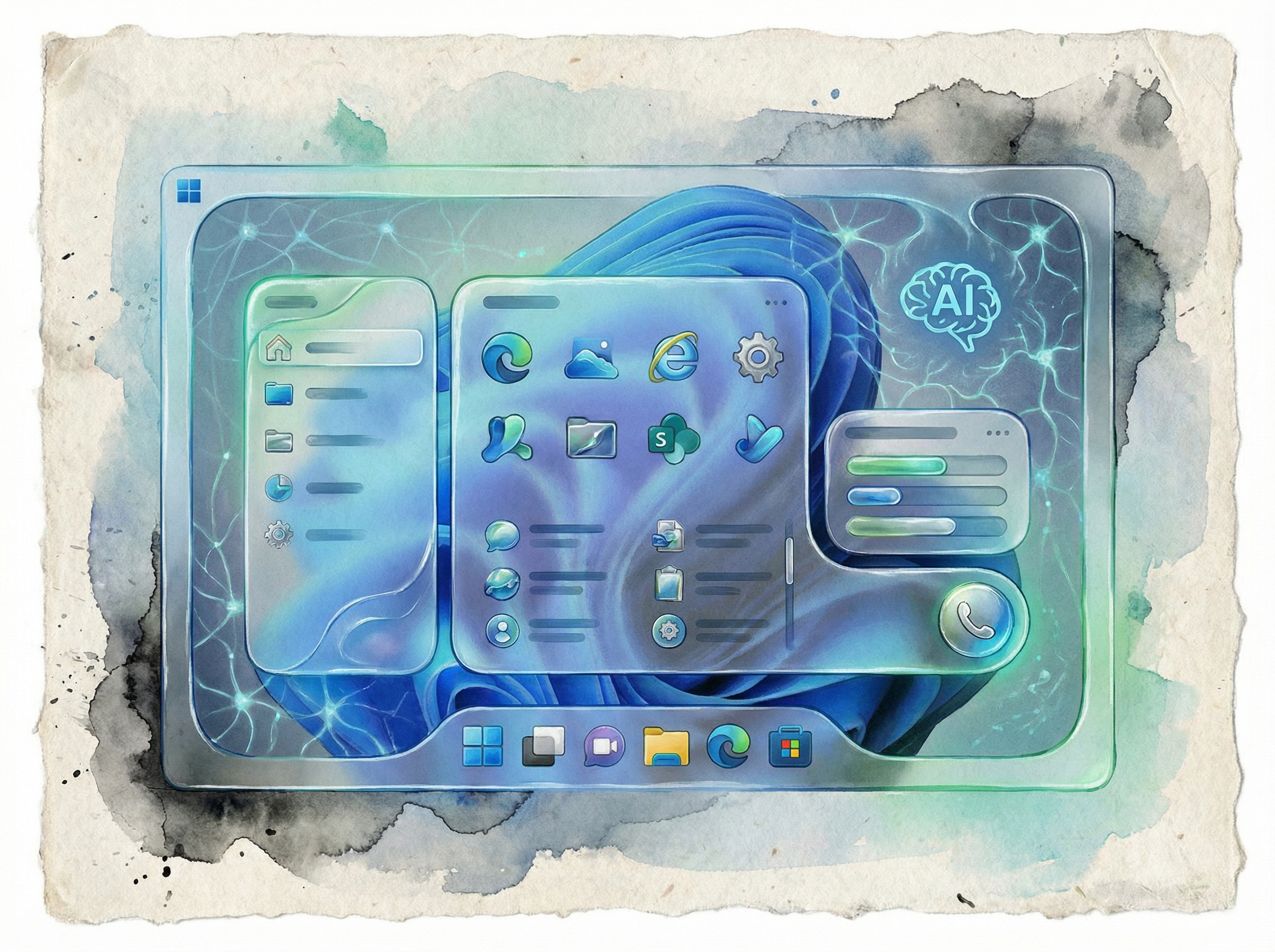 A sleek, futuristic computer interface representing a clean and user-friendly version of Windows, with subtle AI integration. illustration, artistic rendering, textured background, no visible text, aspect ratio 4:3.