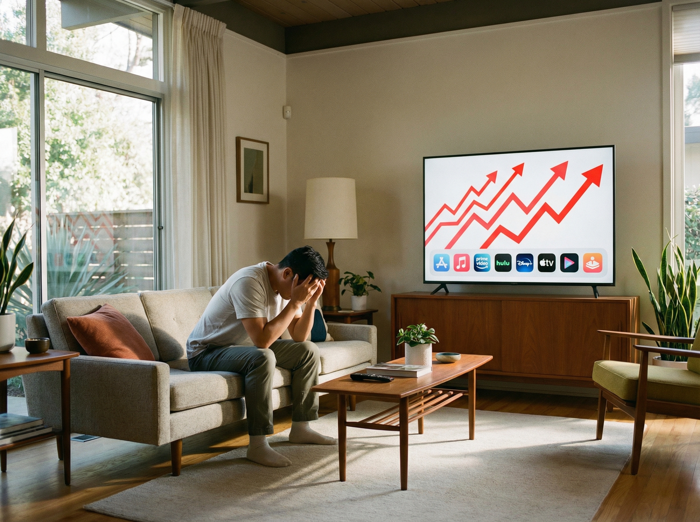 A frustrated person looking at a screen with rising price graphs for streaming services, in a modern home setting. The person is of Korean appearance, natural expression. Aspect ratio 4:3, no visible text.