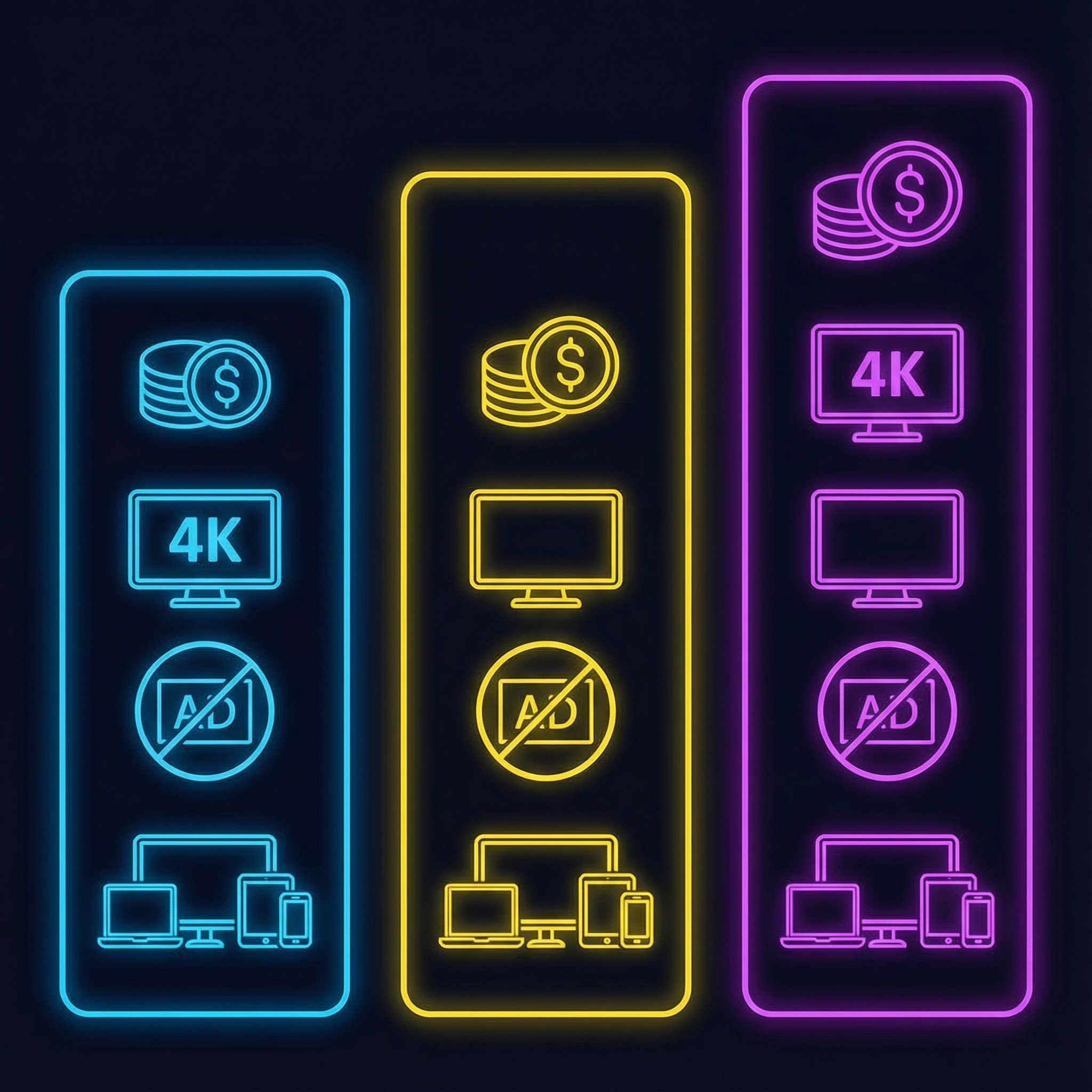 A modern graphic showing different streaming subscription tiers (e.g., Basic, Standard, Premium) with varying prices and features like 4K, ad-free, multiple screens. Clean infographic style, high contrast. Aspect ratio 1:1, no visible text.