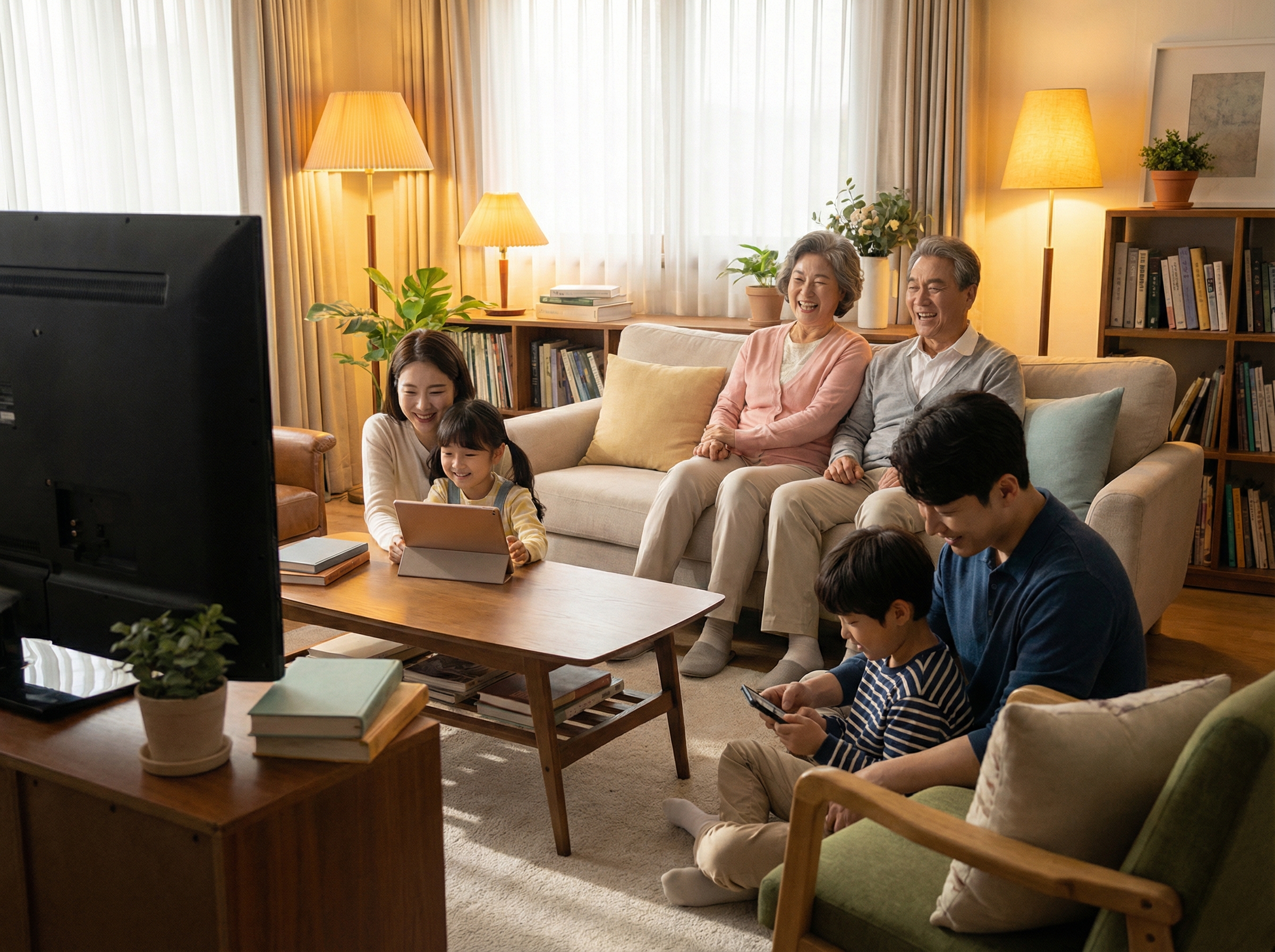 A diverse group of people (Korean appearance) happily watching different screens (TV, tablet, phone) in a living room, illustrating a bundled streaming service. Warm lighting, natural setting. Aspect ratio 4:3, no visible text.