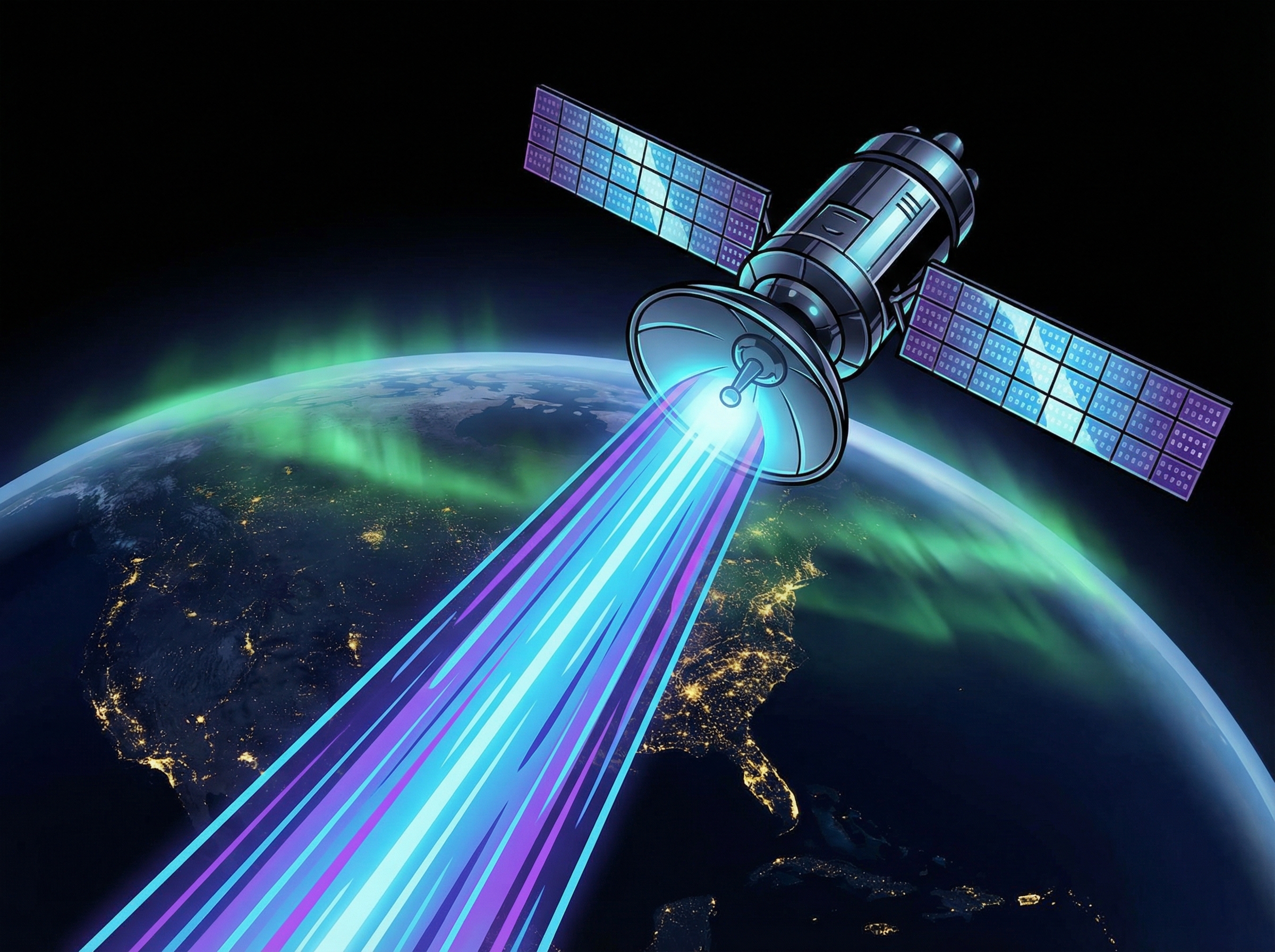 A futuristic satellite sending a powerful, encrypted signal down to Earth. The satellite is in low Earth orbit, with Earth's curvature visible in the background. High contrast, clean infographic style, aspect ratio 4:3, no visible text, no Korean text.