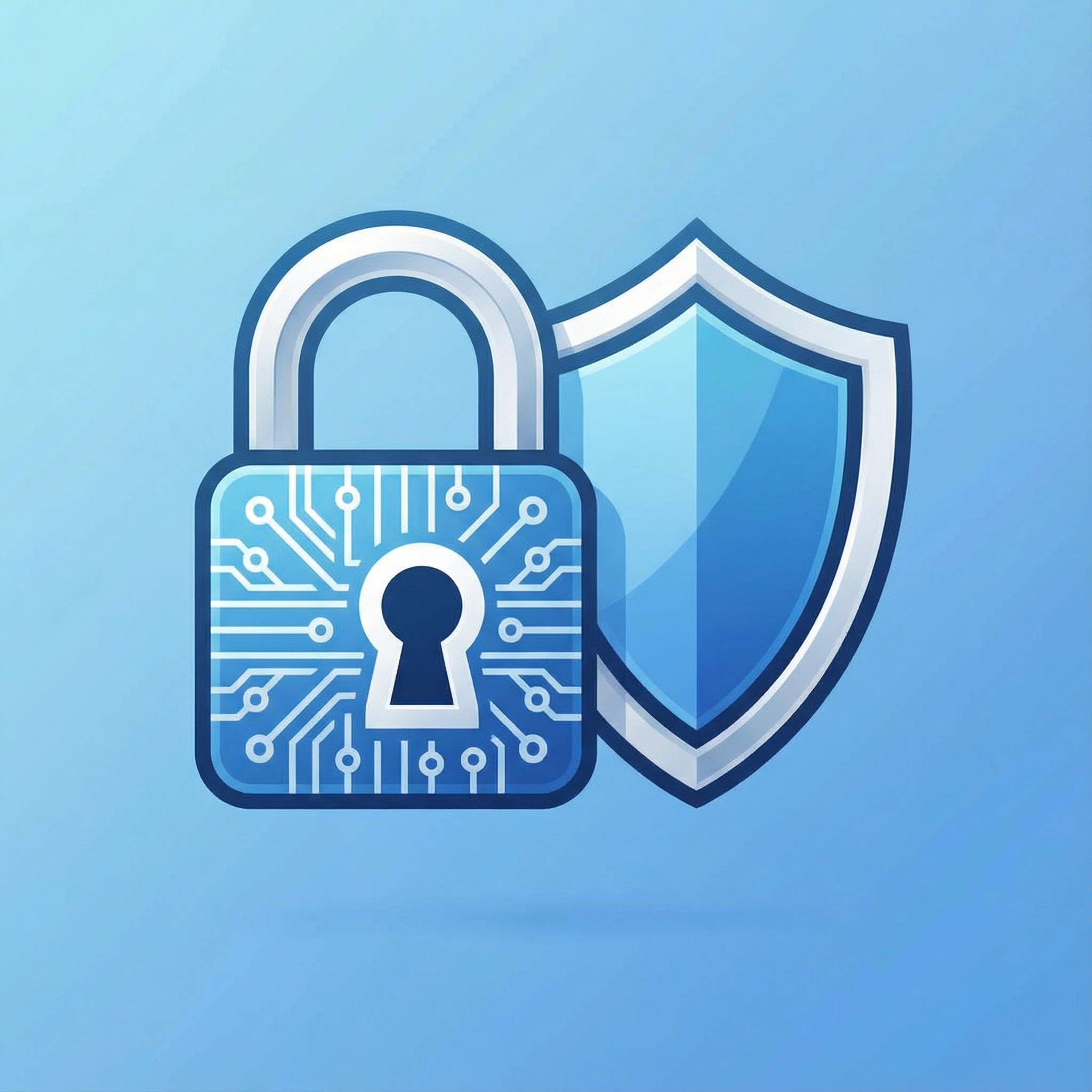 A clean infographic style image showing a digital padlock icon intertwined with a shield icon, representing data security and protection. The background is a subtle gradient blue. Aspect ratio 1:1, no visible text, clean infographic, modern layout.