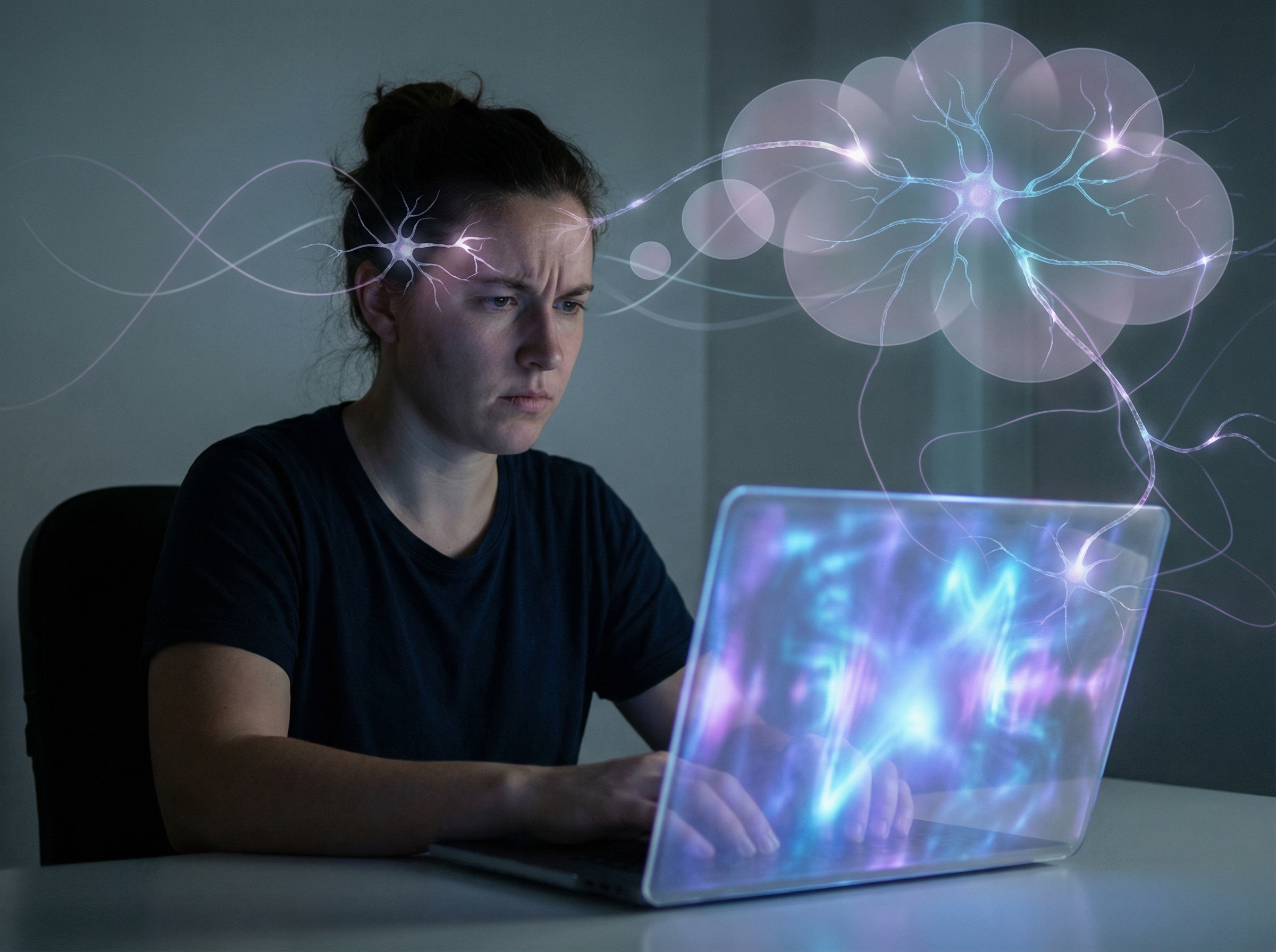 A person looking thoughtfully at a glowing chatbot interface, with abstract neural pathways or thought bubbles subtly connecting them. The mood is contemplative and slightly cautionary about the psychological impact. Aspect ratio 4:3, no visible text.