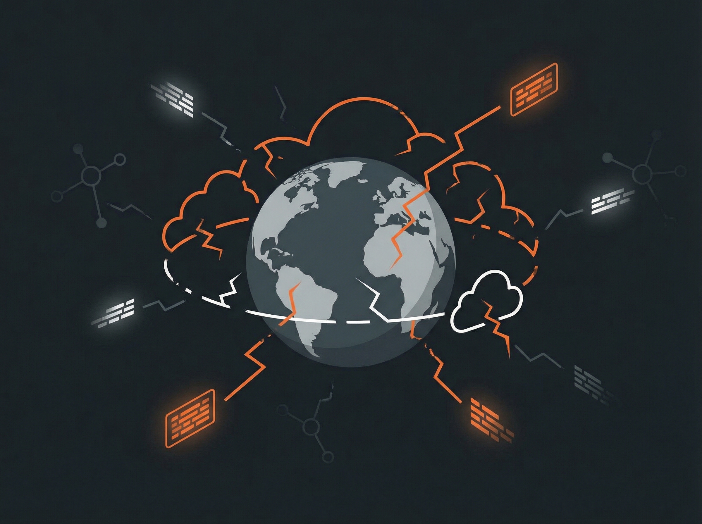 A clean infographic of a globe with broken cloud network connections around it, signifying a widespread internet outage, with abstract data streams disrupted, informational style, high contrast, aspect ratio 4:3, no visible text, no korean text.