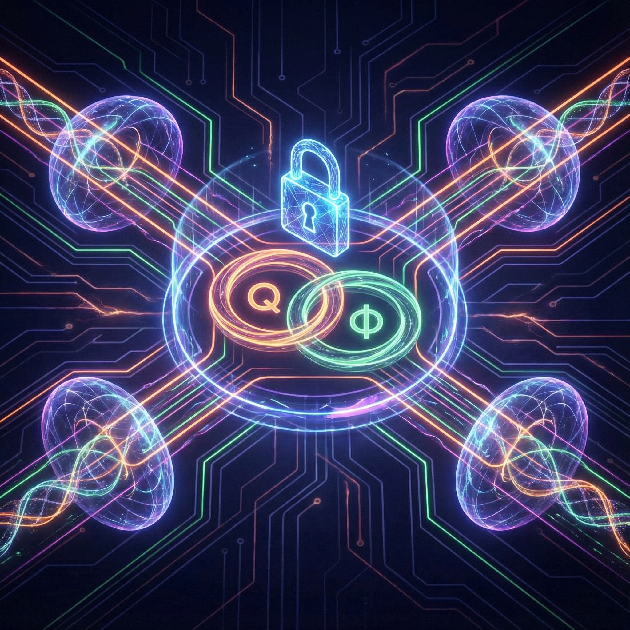 A futuristic illustration depicting secure communication lines protected by quantum entanglement symbols, representing advanced encryption and security, informational style, high contrast, aspect ratio 1:1, no visible text, no korean text.