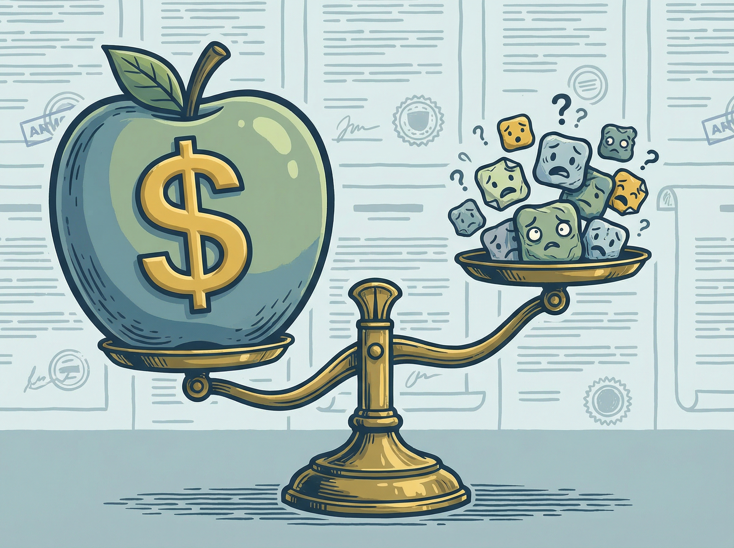 A stylized illustration showing a large apple icon with a dollar sign on it, being weighed down by a scale on one side, while smaller app icons on the other side look stressed. The background has a subtle pattern of privacy policy documents. Informational style, 4:3 aspect ratio, no visible text, no Korean text.