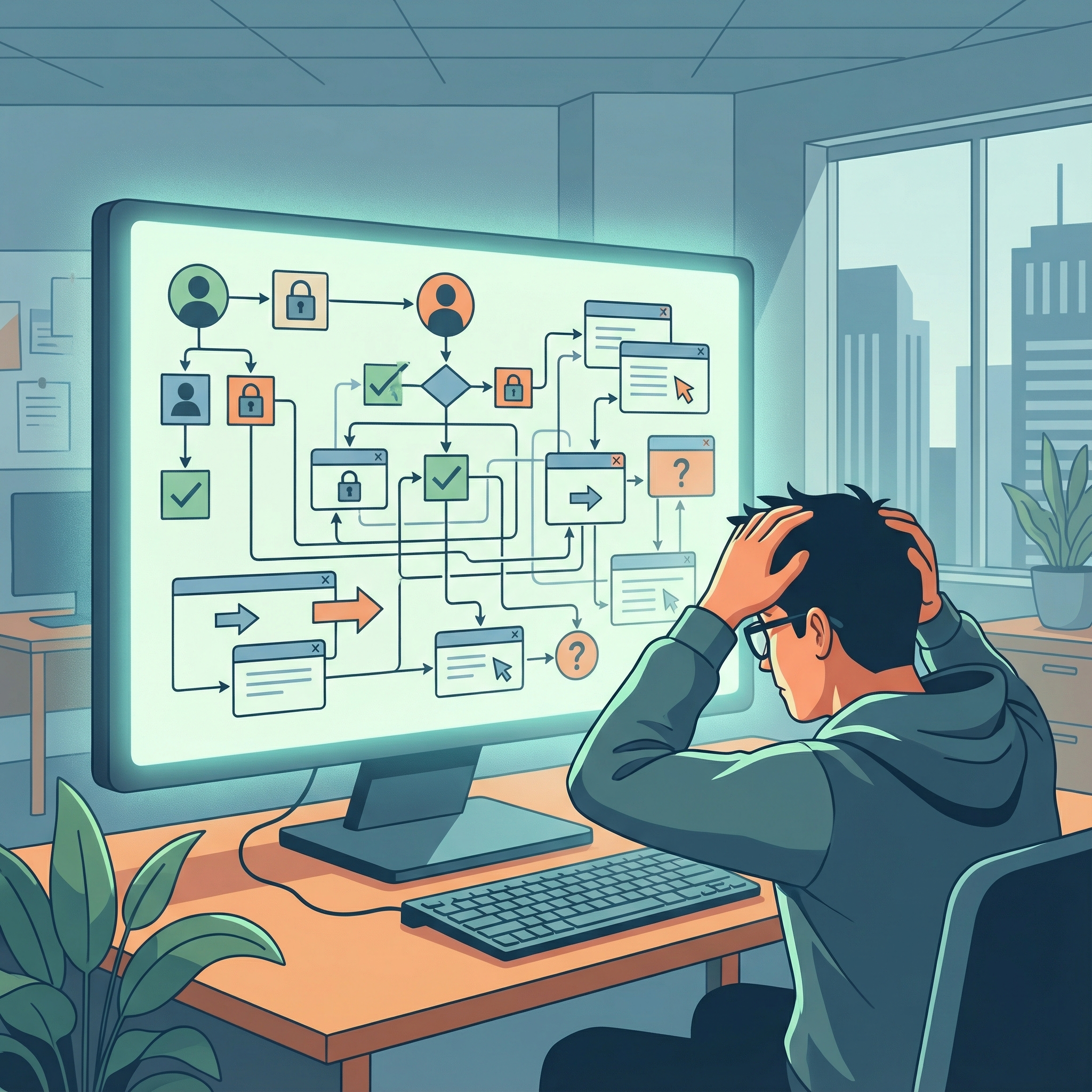 An informational illustration of a frustrated app developer looking at a complex flowchart involving user data and privacy consent pop-ups on a digital screen. The background is a clean, modern office setting. Informational style, 1:1 aspect ratio, no visible text, no Korean text.