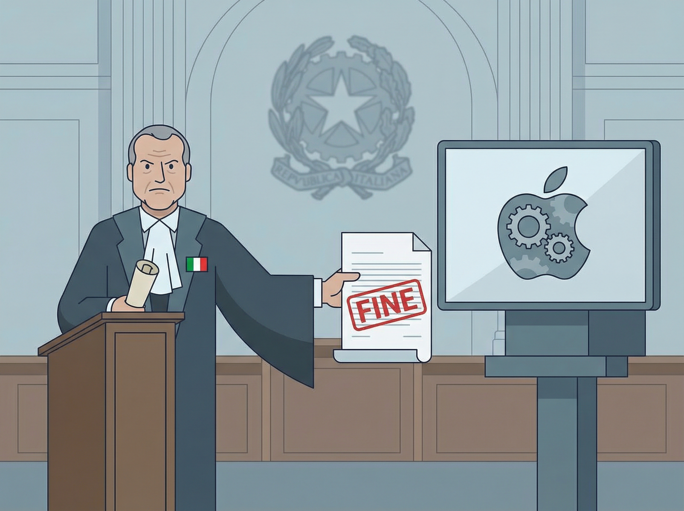 A symbolic illustration depicting a stern-looking Italian legal figure (not a specific person) presenting a document labeled 'Fine' to a stylized Apple logo, signifying a regulatory action. The background is a minimalist, official-looking courtroom or office. Informational style, 4:3 aspect ratio, no visible text, no Korean text.