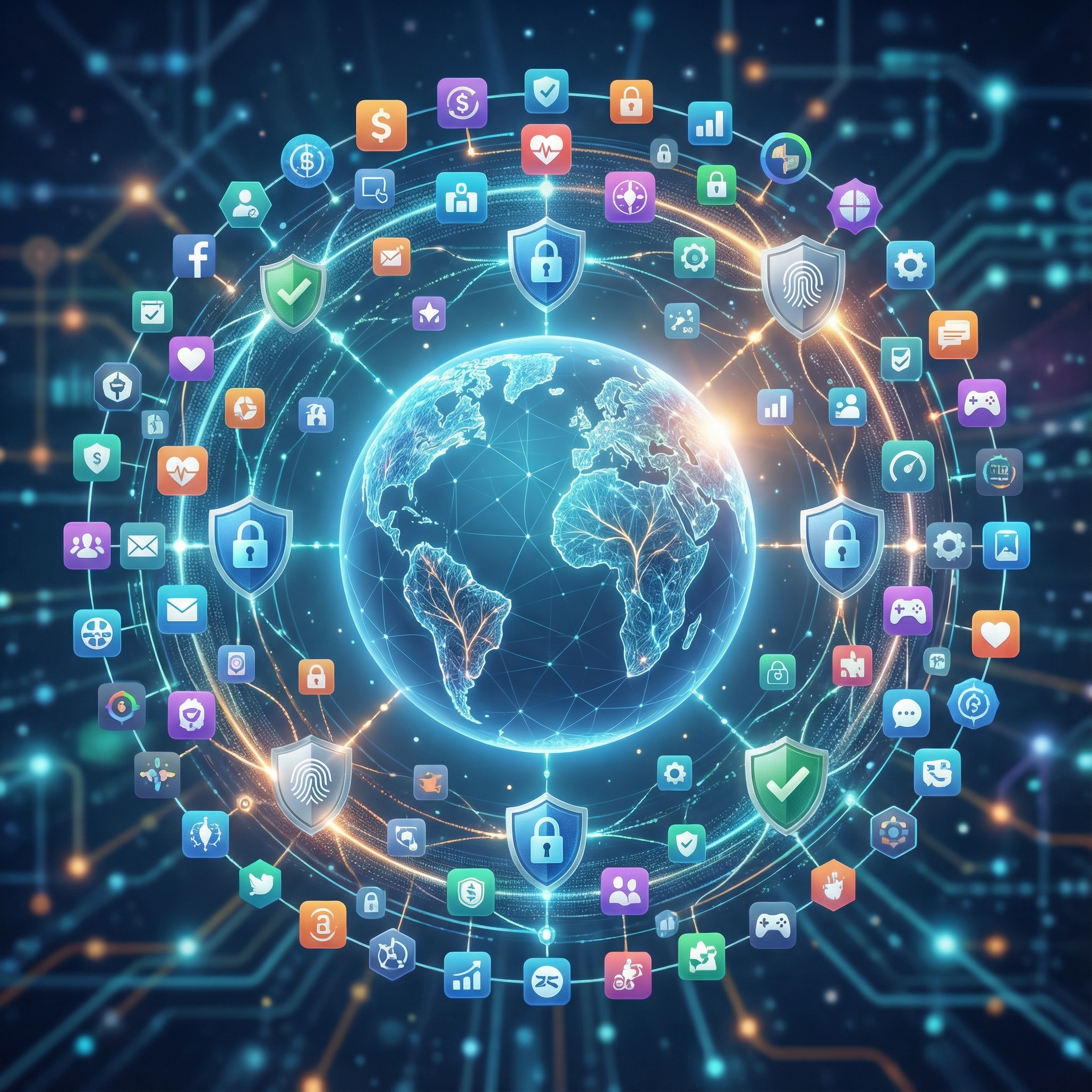 A visually rich, informational illustration showing a diverse array of interconnected app icons floating around a central globe, representing a global app ecosystem. Data privacy shields and locks are subtly integrated into the connections between apps, suggesting secure data flow. The composition is dynamic and forward-looking. Informational style, 1:1 aspect ratio, no visible text, no Korean text.