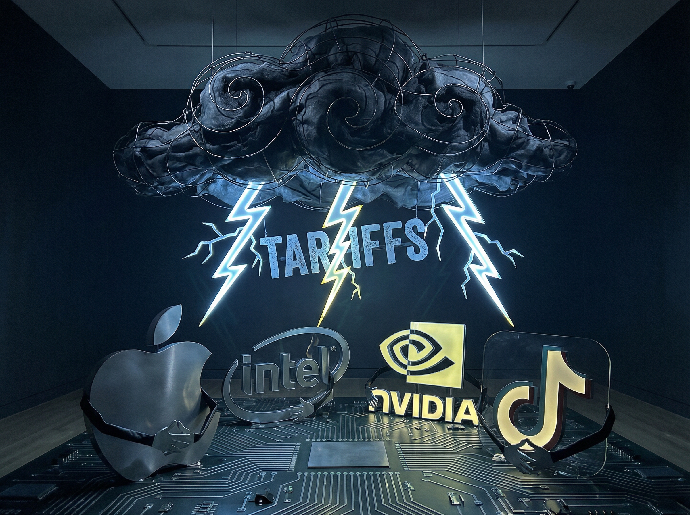 A chaotic and unpredictable trade war, represented by a storm cloud with lightning bolts labeled 'Tariffs' looming over a landscape of various tech company logos (Apple, Intel, Nvidia, TikTok). The logos appear slightly beleaguered but not actively fighting, some are subtly bowing or making gestures of appeasement. High contrast, modern layout, no visible text, aspect ratio 4:3.
