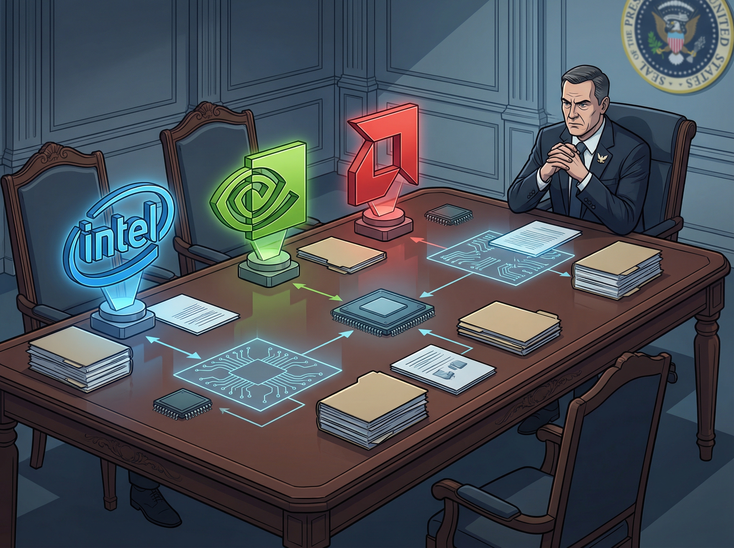 A conceptual image showing various chip manufacturer logos (Intel, Nvidia, AMD) sitting around a large, ornate negotiation table with a stern-looking figure representing "Trump administration." The table is laden with documents and chips, and the atmosphere is tense with complex dealings. Informational style, clean infographic, no visible text, aspect ratio 4:3.