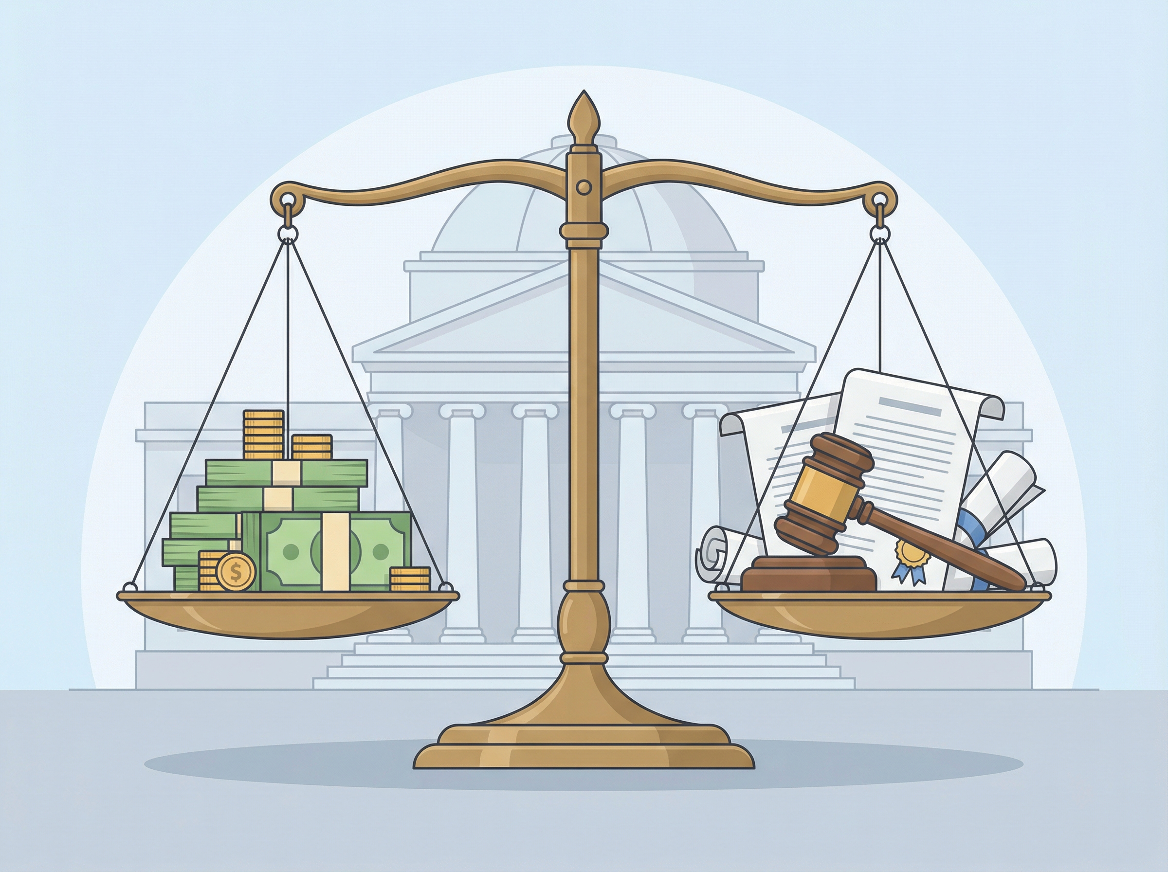 A balanced scale with one side holding stacks of money representing 'tariff refunds' and the other side holding a gavel and legal documents representing 'court cases'. In the background, a subtle image of a courthouse. Informational style, clean infographic, no visible text, aspect ratio 4:3.