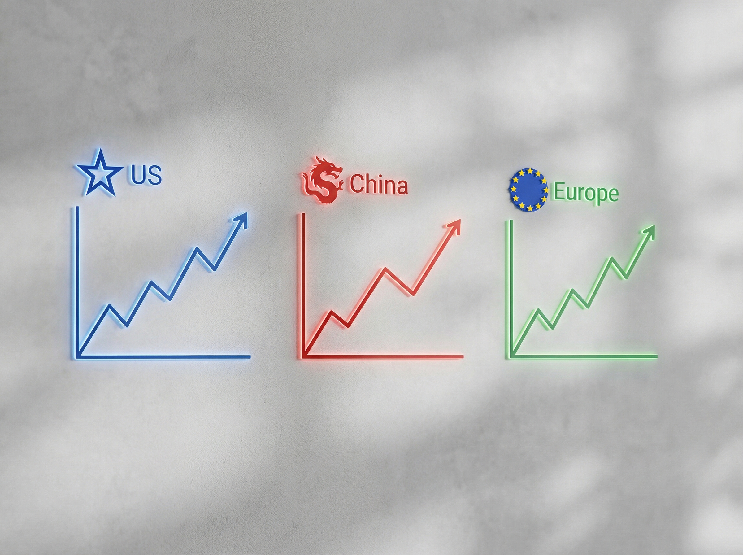 Three stylized stock market charts showing an upward trend, each labeled for US, China, and Europe. The charts are clean and modern, with a vibrant color scheme on a subtly textured background. The focus is centered on the charts. Aspect ratio 4:3, no visible text.