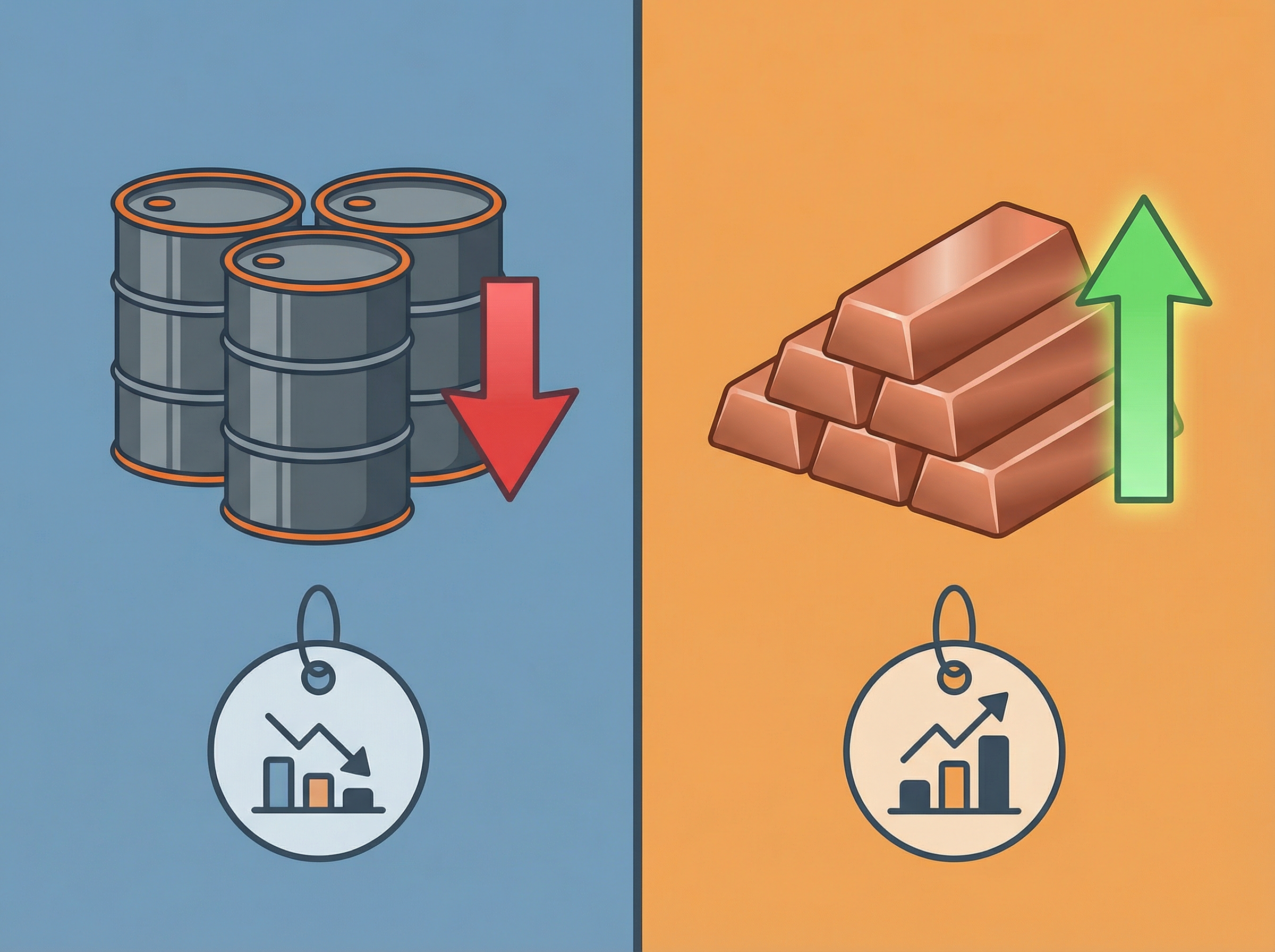 A split image or infographic showing two contrasting trends: one side depicts oil barrels with a downward arrow and a price tag, while the other side shows copper ingots with an upward arrow and a higher price tag. The style is clean and informational with a focus on clear data representation. Aspect ratio 4:3, no visible text.