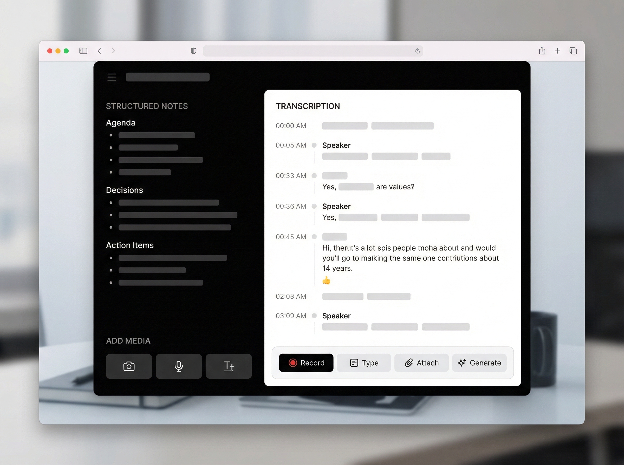 A clean and modern user interface of a desktop meeting notetaker app, displaying structured meeting notes, transcription, and options for multimodal input like adding images or text. The app window is seamlessly integrated into a desktop environment. Informational style with high contrast. 4:3, no visible text, no Korean text.