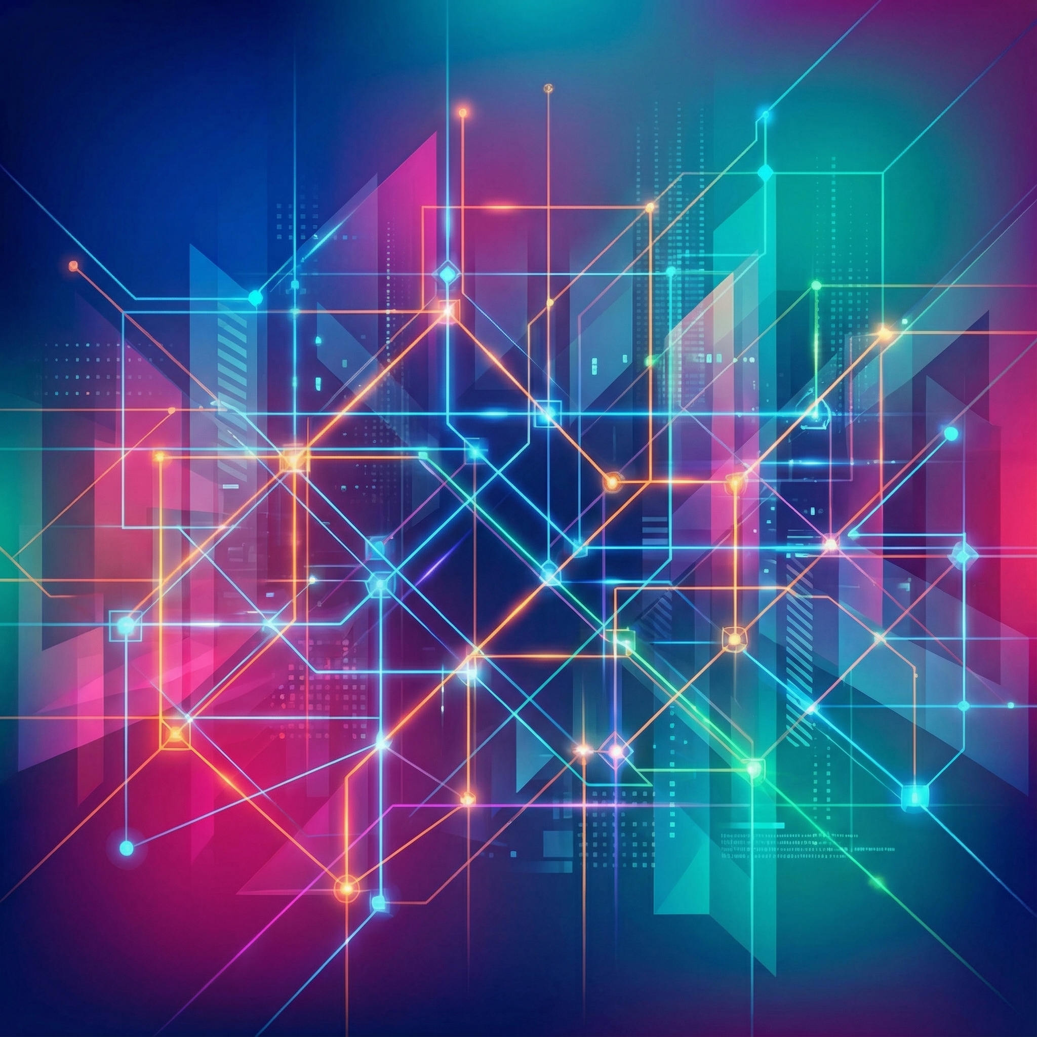 An abstract representation of an urban power grid, with interconnected lines and subtle energy flows, in an informational and modern style, vibrant colored background, 1:1 aspect ratio, no visible text, no Korean text