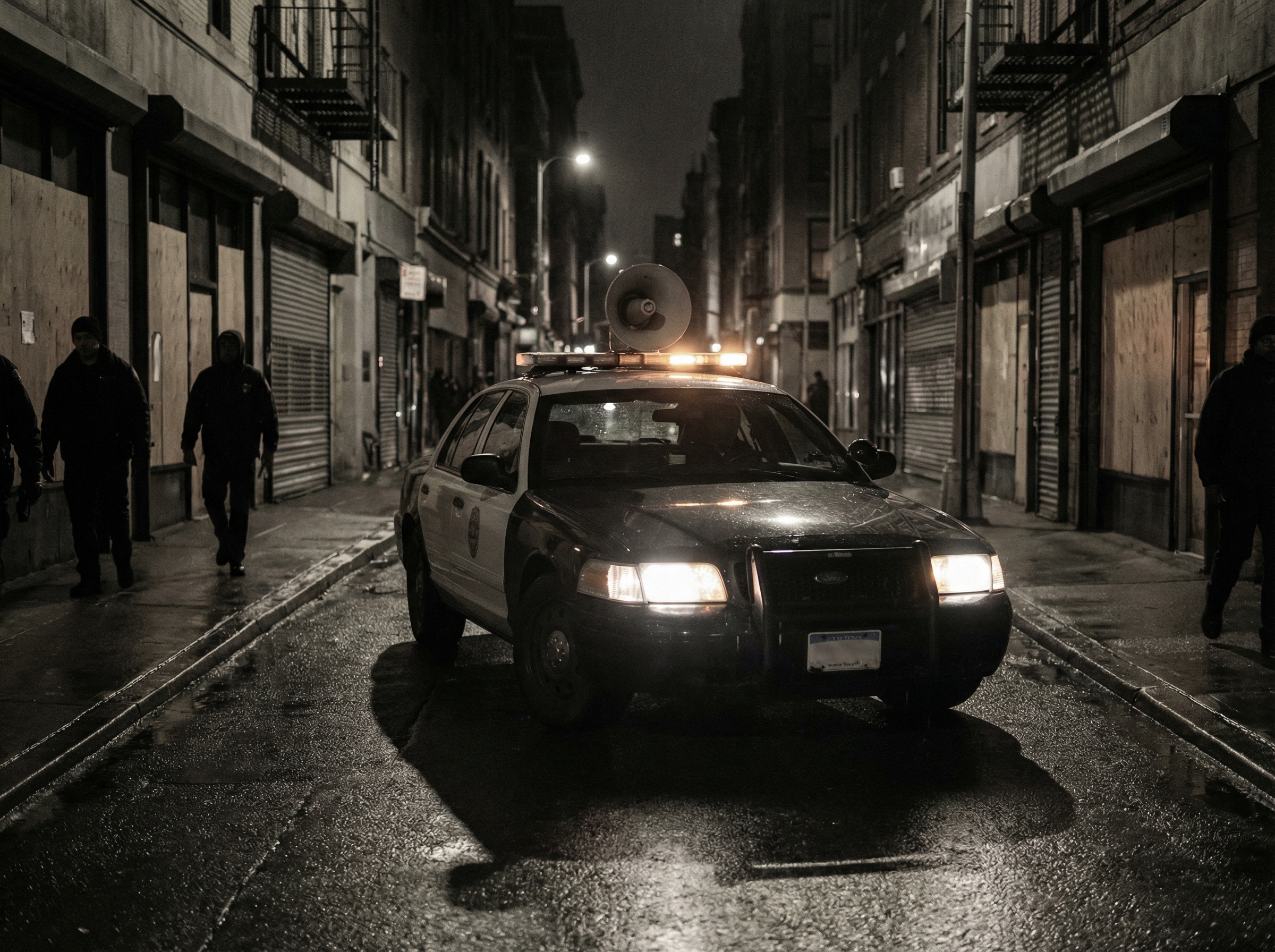 A police car with a loudspeaker on its roof, driving through a dimly lit street, informing citizens during a power outage, informational style, muted colors, centered composition, 4:3 aspect ratio, no visible text, no Korean text