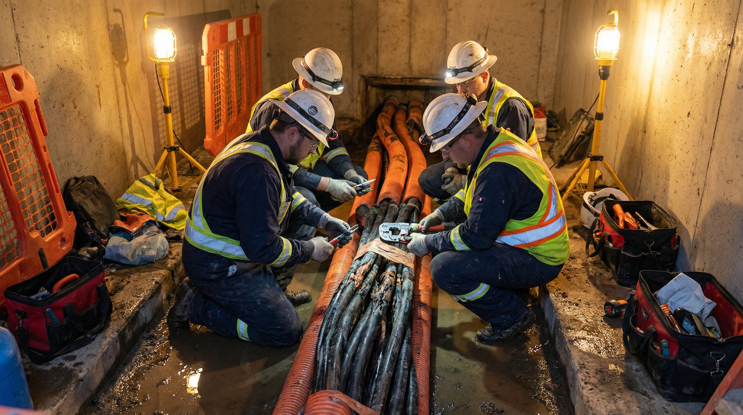Technicians in work uniforms carefully repairing damaged power cables underground, with tools and safety equipment, realistic and detailed composition, evening light, 16:9 aspect ratio, no visible text, no Korean text
