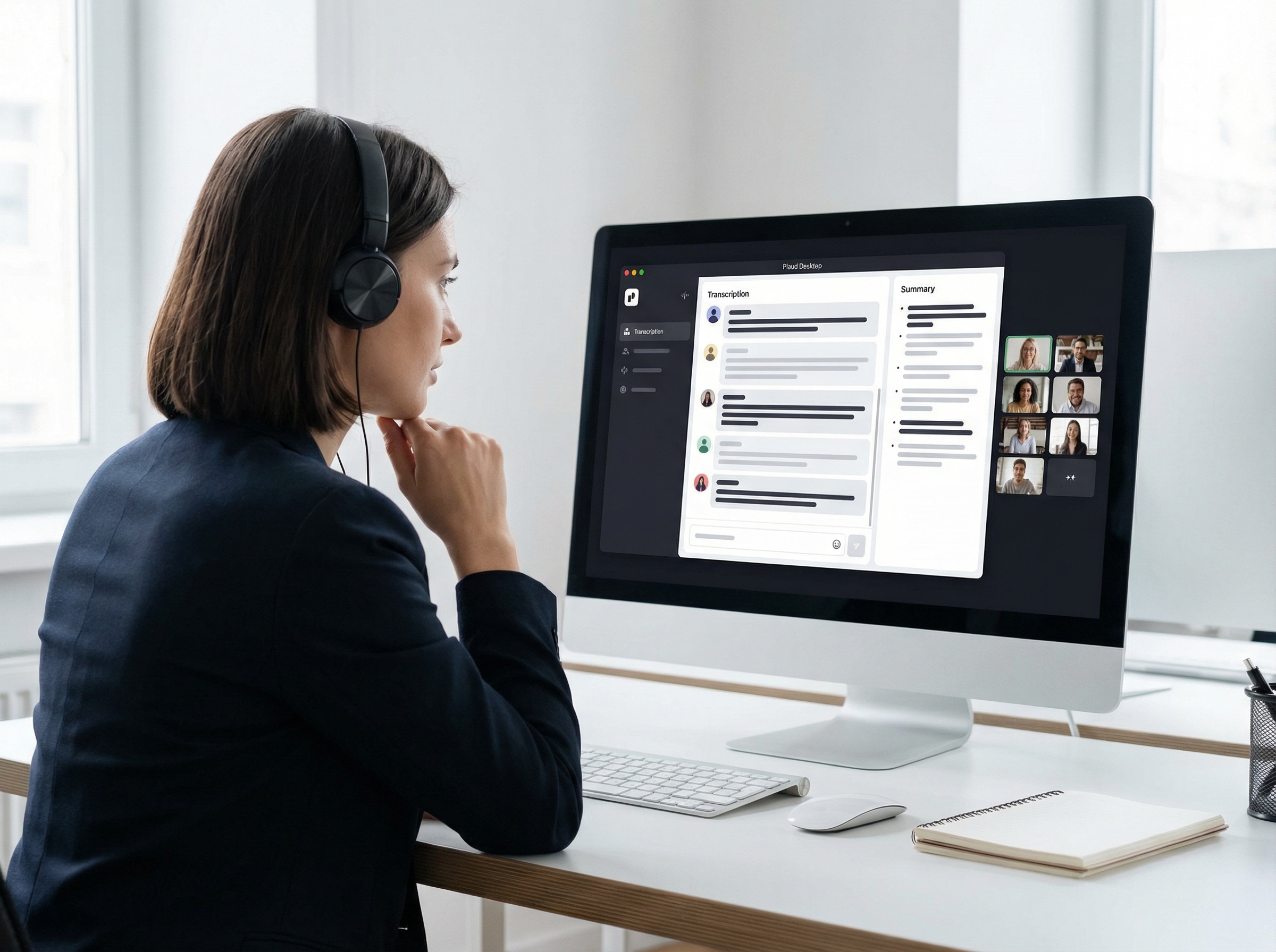 A person working at a desk with a computer, displaying the Plaud Desktop app interface during an online meeting. The app shows transcription or summary features. Informational style, clean, modern layout, high contrast. Aspect ratio 4:3, no visible text.