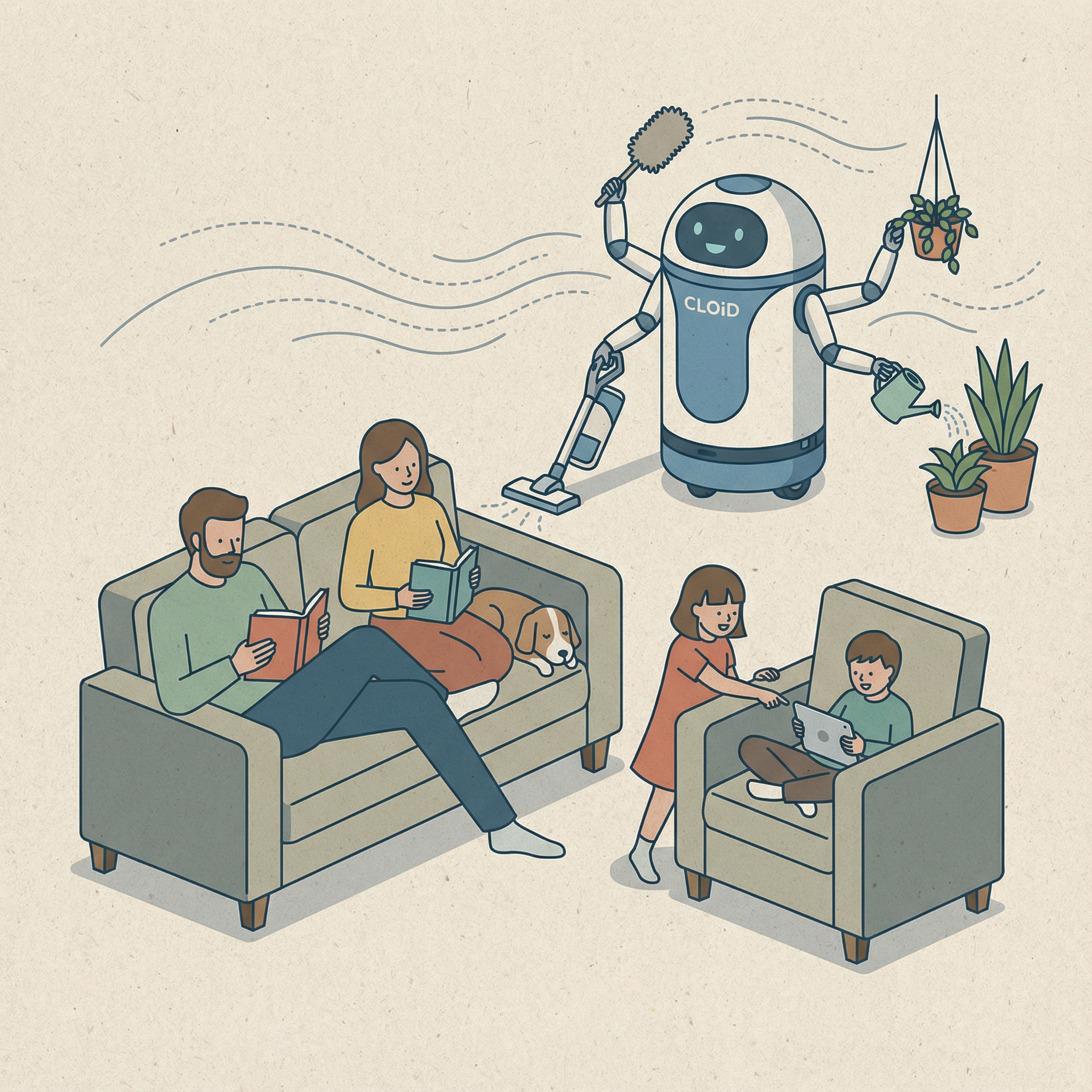 A stylized illustration depicting a family relaxing in their home while the CLOiD robot efficiently performs various household chores in the background, clean infographic style, 1:1 aspect ratio, no visible text, textured background.