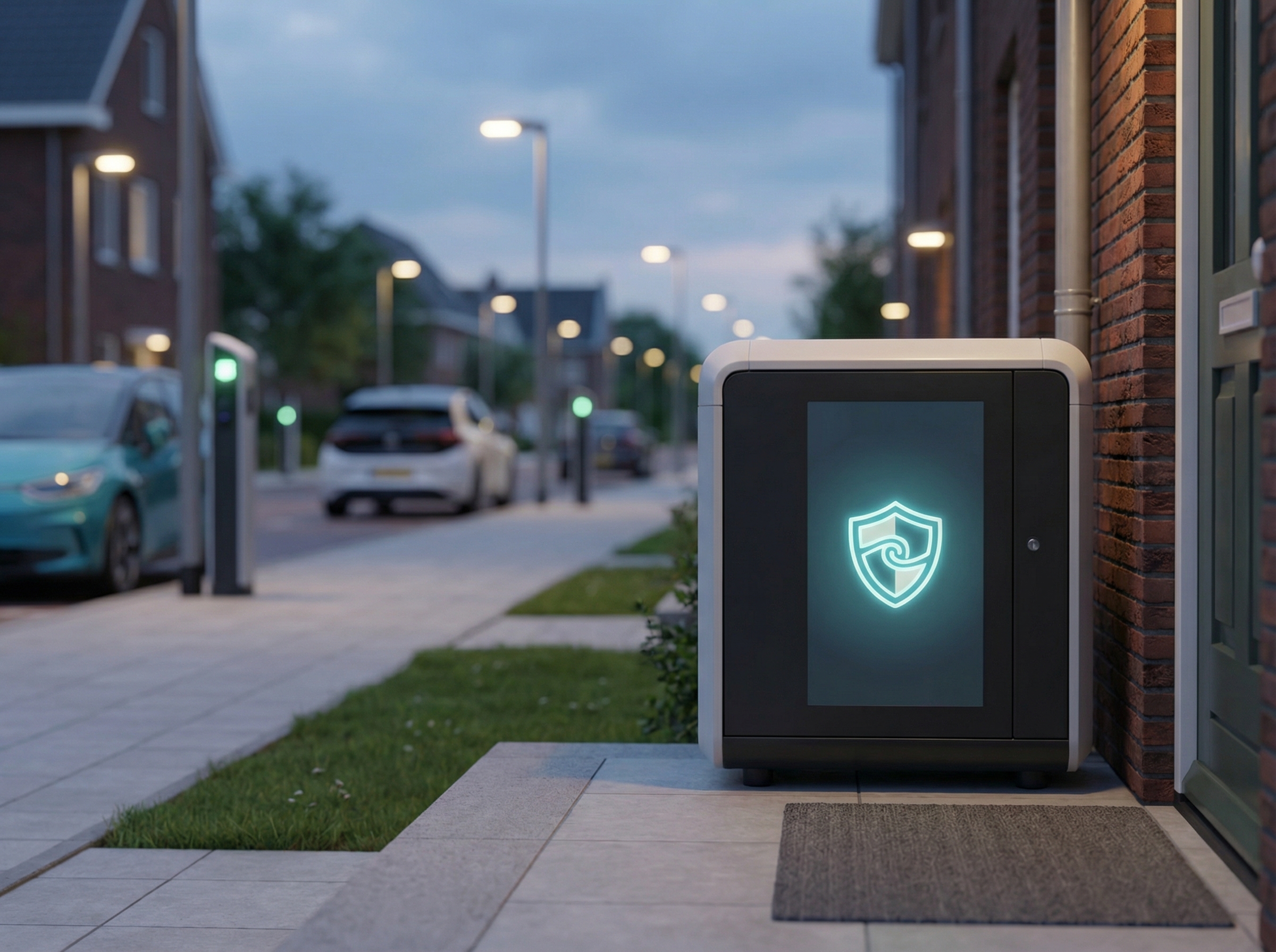 A secure and trusted delivery service concept. A package is safely delivered to a front door with a glowing verification icon. The background is a clean, modern city street at dusk, suggesting reliable and advanced logistics. Informational style, 4:3 aspect ratio, no visible text.