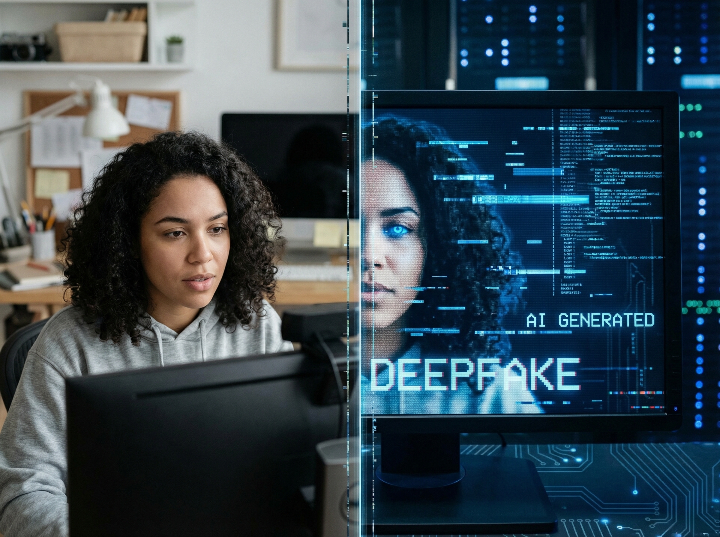 A realistic split screen showing a real person on one side and their AI-generated deepfake doppelganger on the other side, digital glitches and blue light effects, high tech atmosphere, 4:3