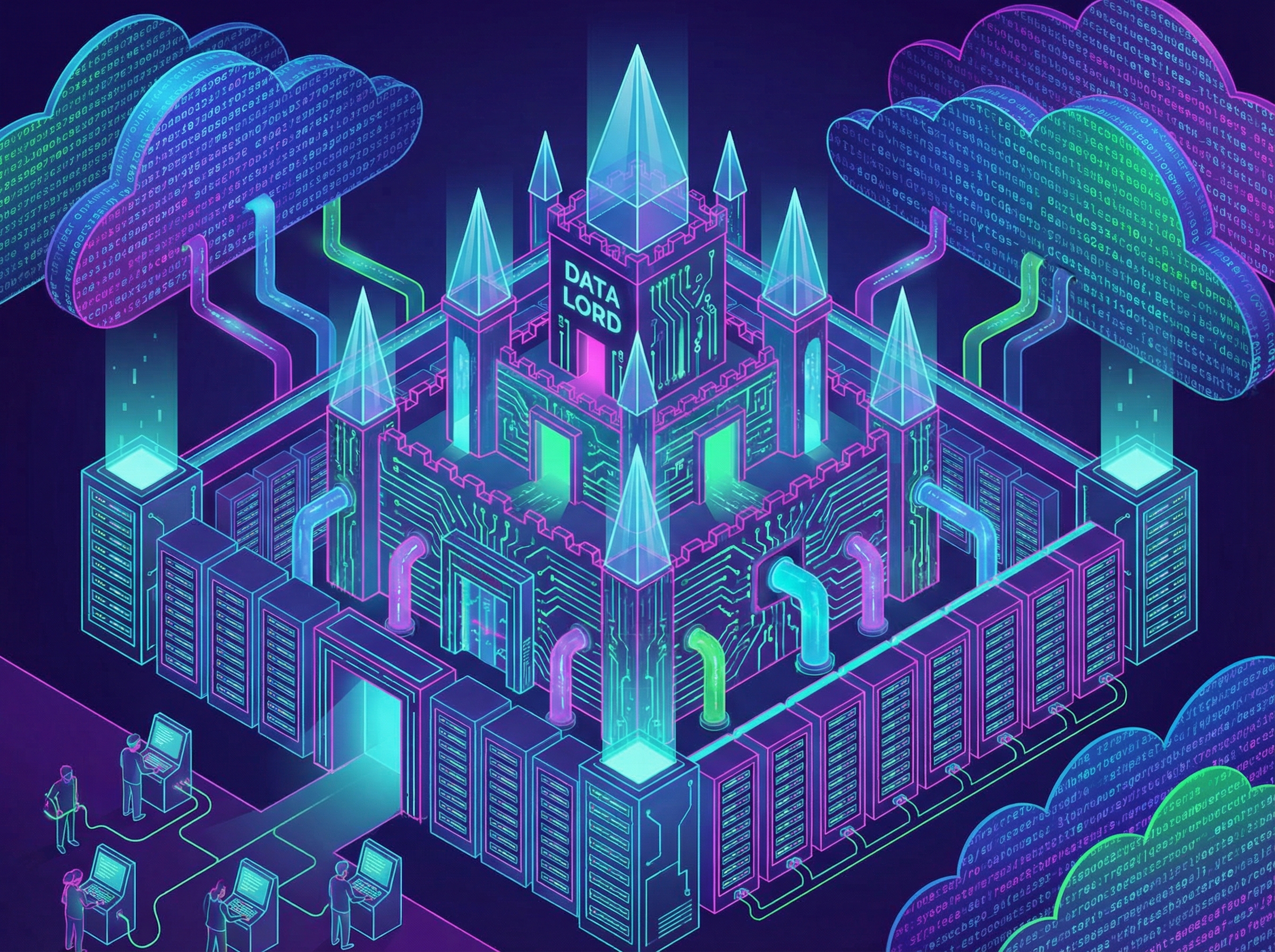 A modern illustration of a futuristic digital castle surrounded by data clouds and glowing server racks, representing tech-feudalism, vibrant neon colors, 4:3