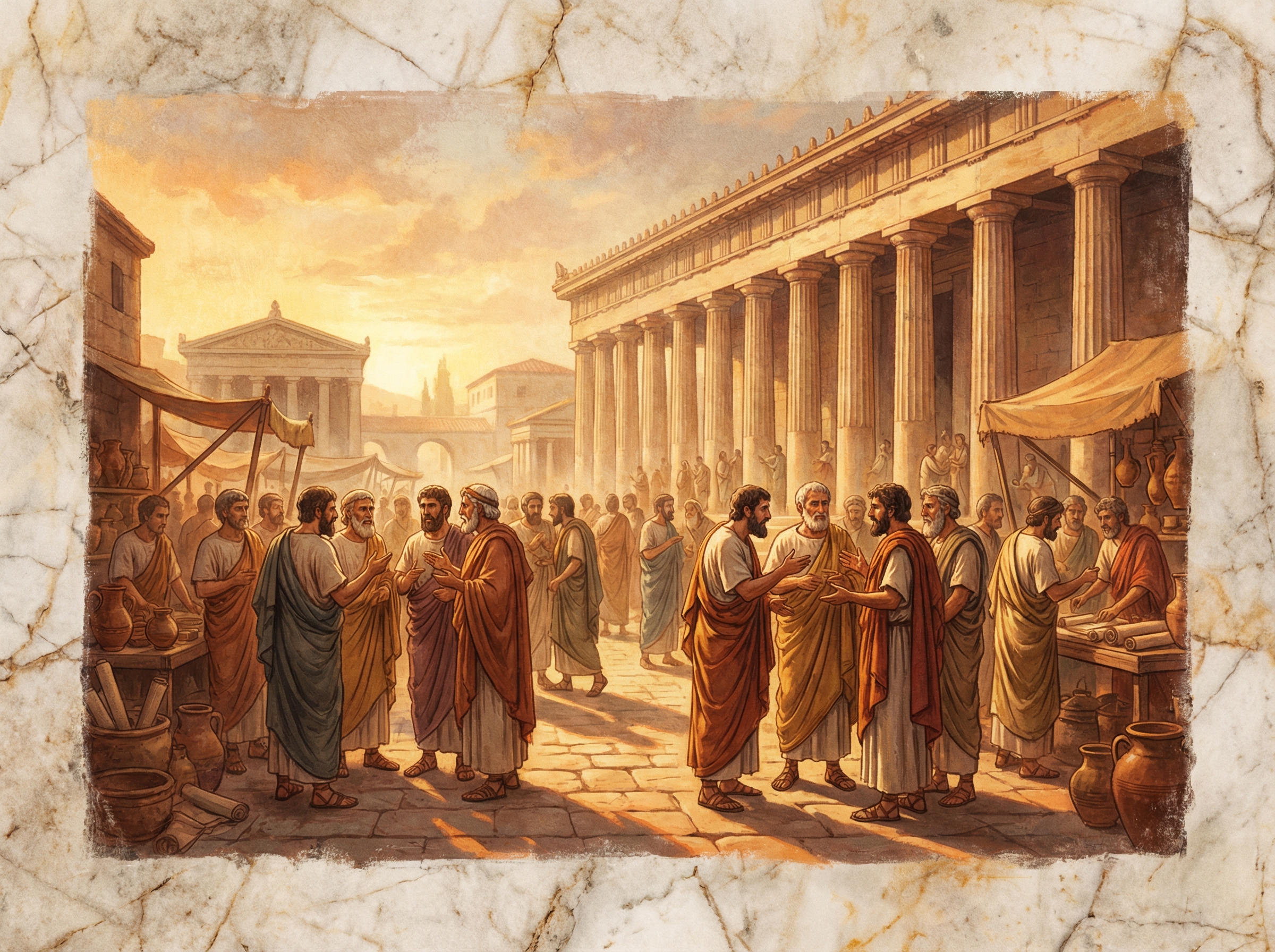 An artistic rendering of an ancient Athenian agora with citizens engaged in serious debate, warm sunlight, textured marble background, 4:3