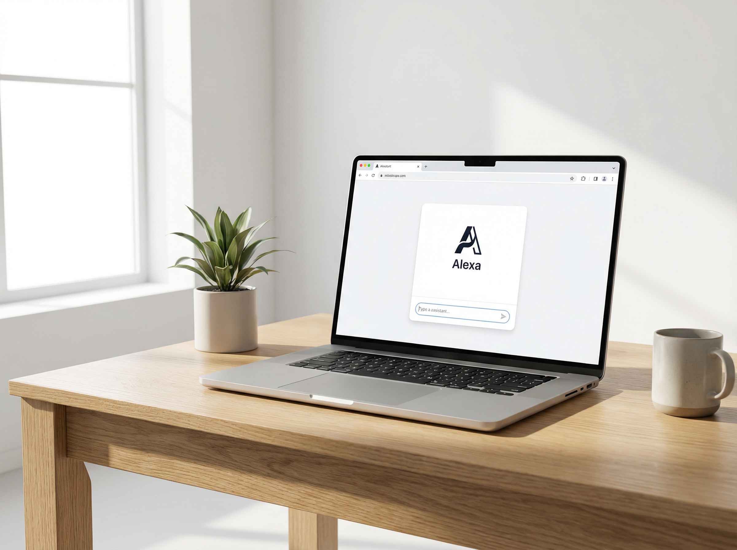 A clean and modern web browser interface showing an AI chatbot named Alexa on a laptop screen, placed on a wooden desk in a bright minimalist room, 4:3, high contrast, no text